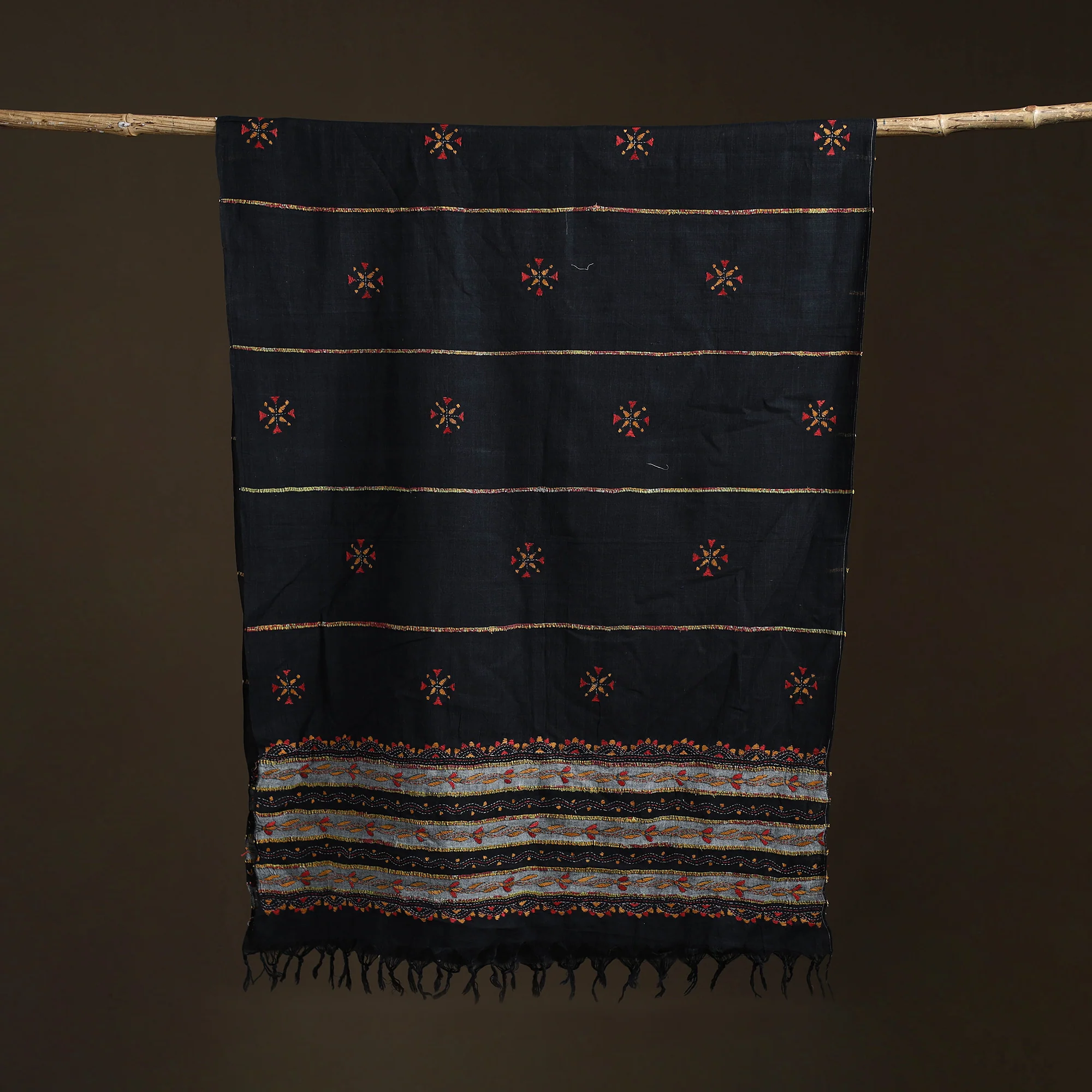 Black - Kantha Hand Embroidered Khes Handwoven Cotton Dupatta 08 - Image 5