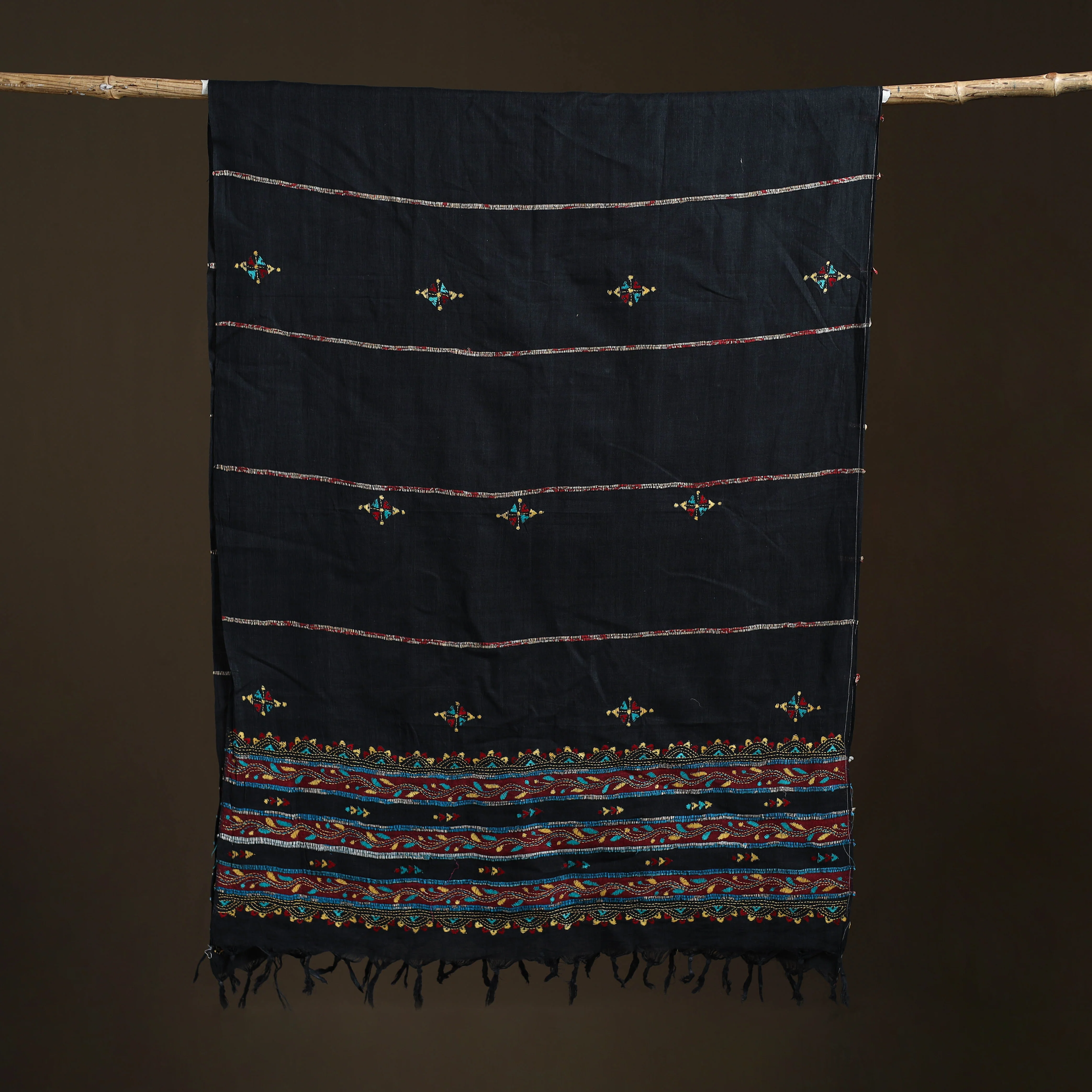 Black - Kantha Hand Embroidered Khes Handwoven Cotton Dupatta 09 - Image 5