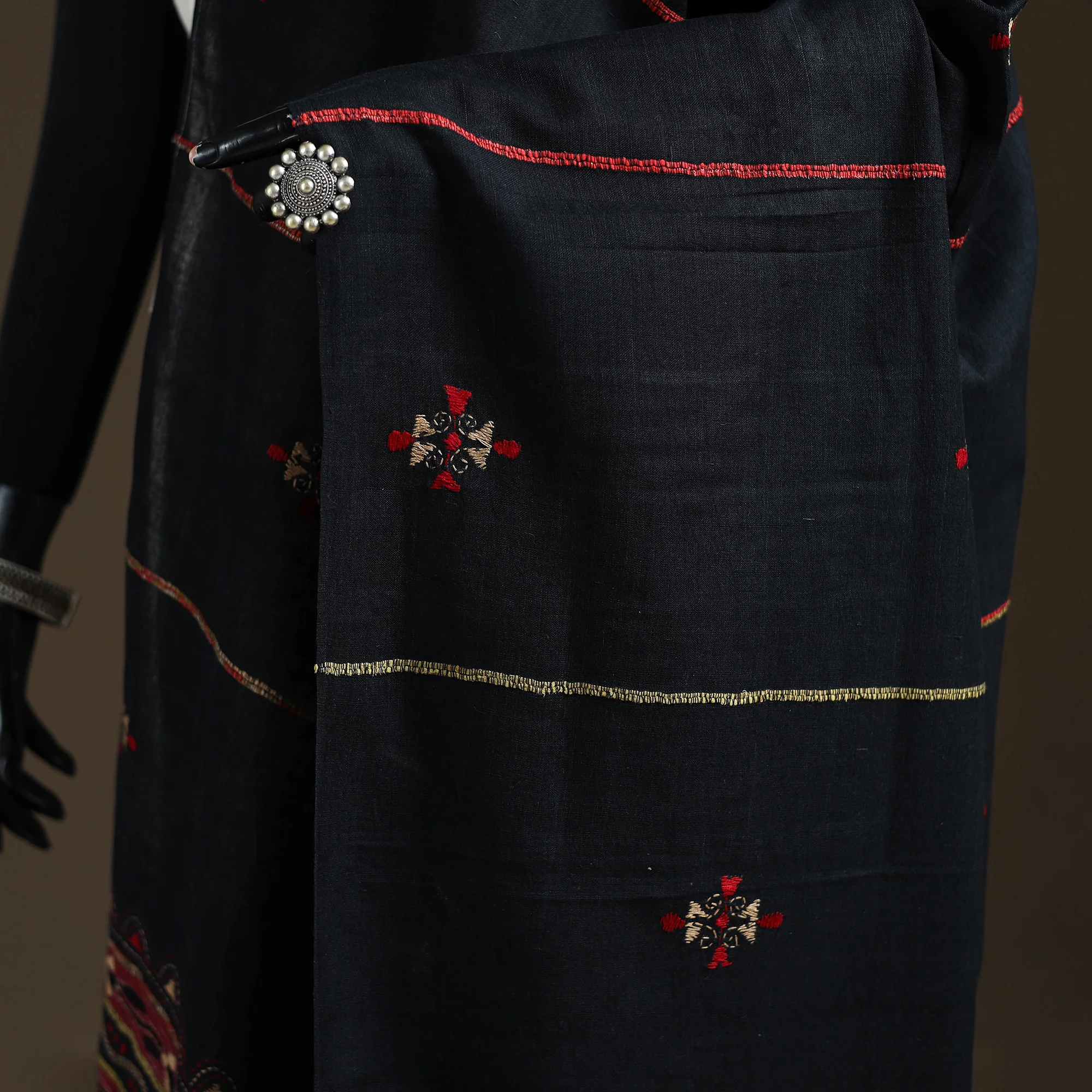 Black - Kantha Hand Embroidered Khes Handwoven Cotton Dupatta 11 - Image 3