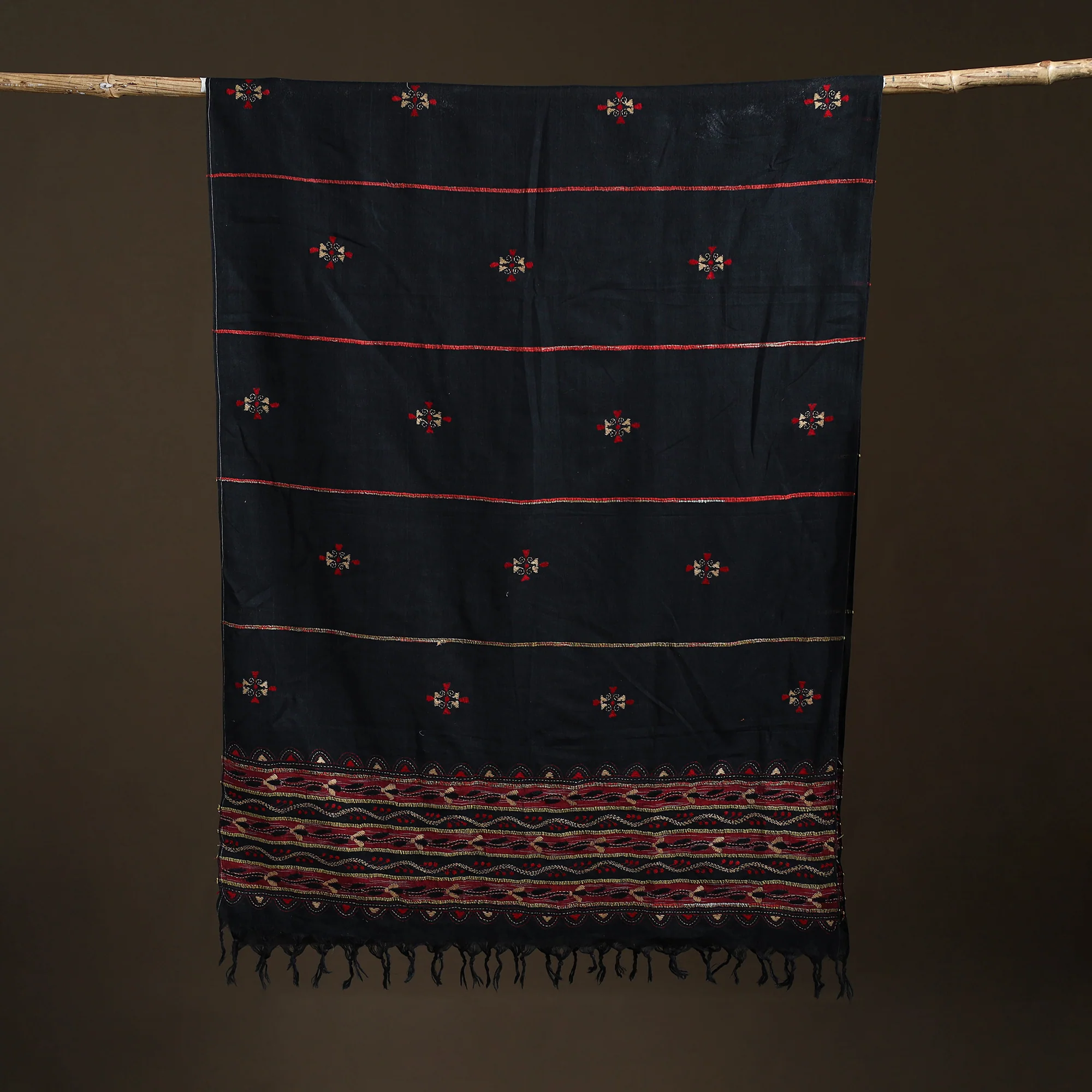 Black - Kantha Hand Embroidered Khes Handwoven Cotton Dupatta 11 - Image 5