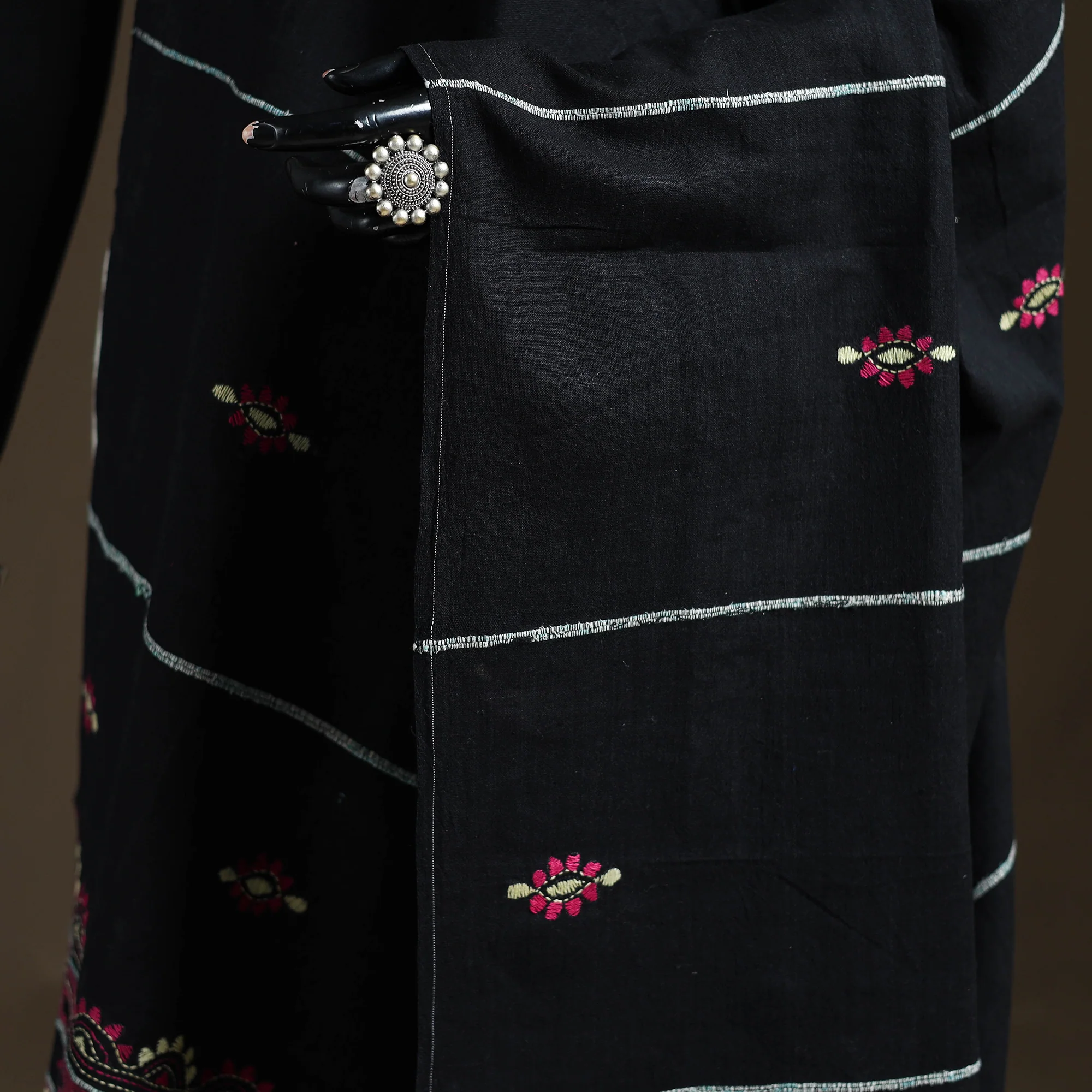 Black - Kantha Hand Embroidered Khes Handwoven Cotton Dupatta 12 - Image 3