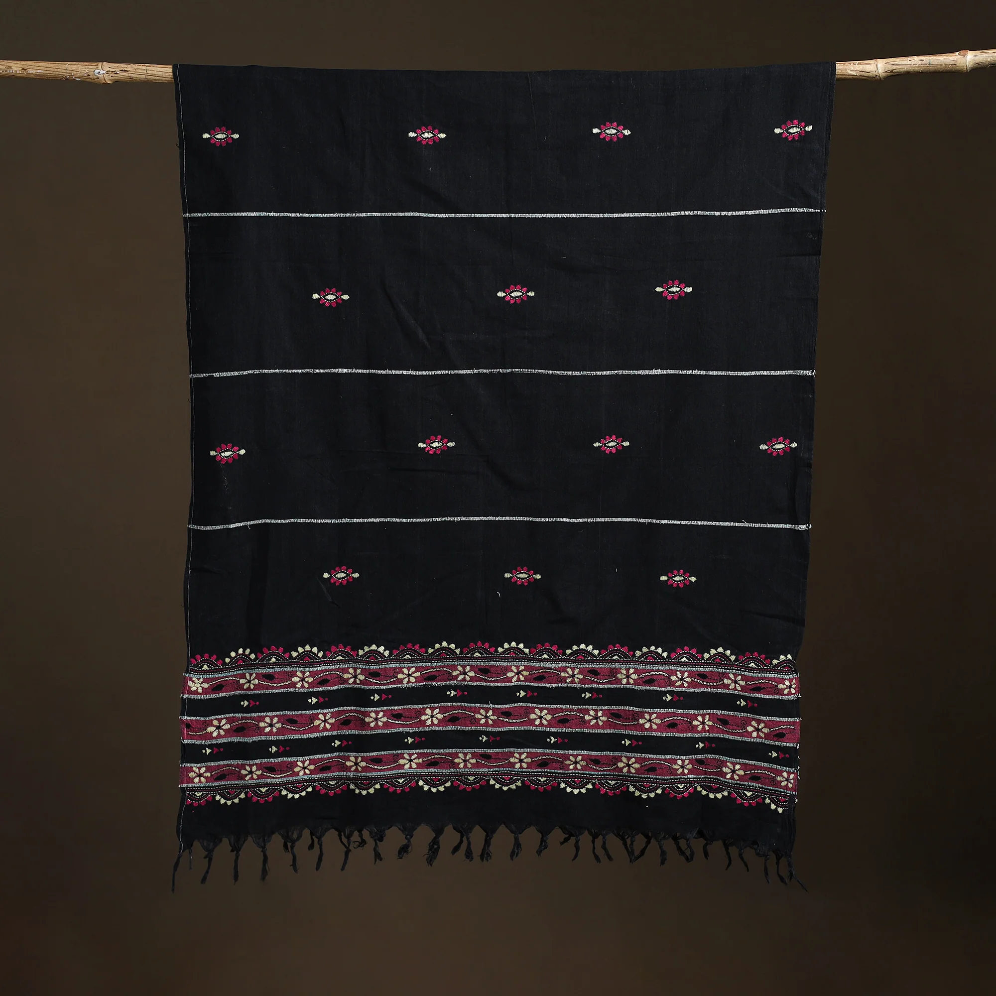 Black - Kantha Hand Embroidered Khes Handwoven Cotton Dupatta 12 - Image 5