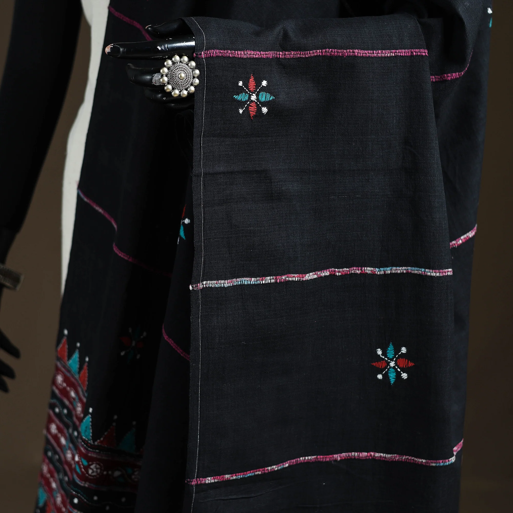 Black - Kantha Hand Embroidered Khes Handwoven Cotton Dupatta 13 - Image 3
