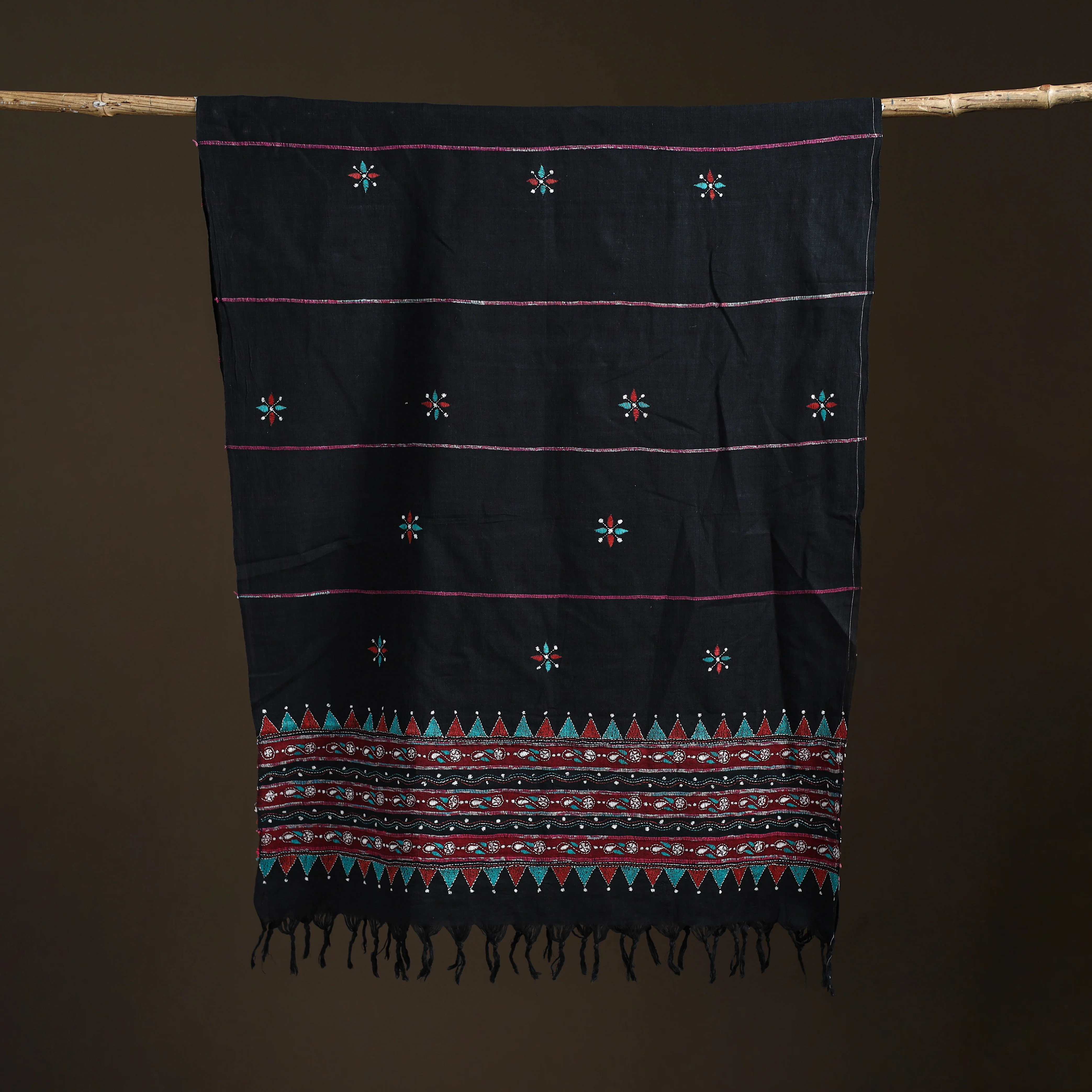 Black - Kantha Hand Embroidered Khes Handwoven Cotton Dupatta 13 - Image 5