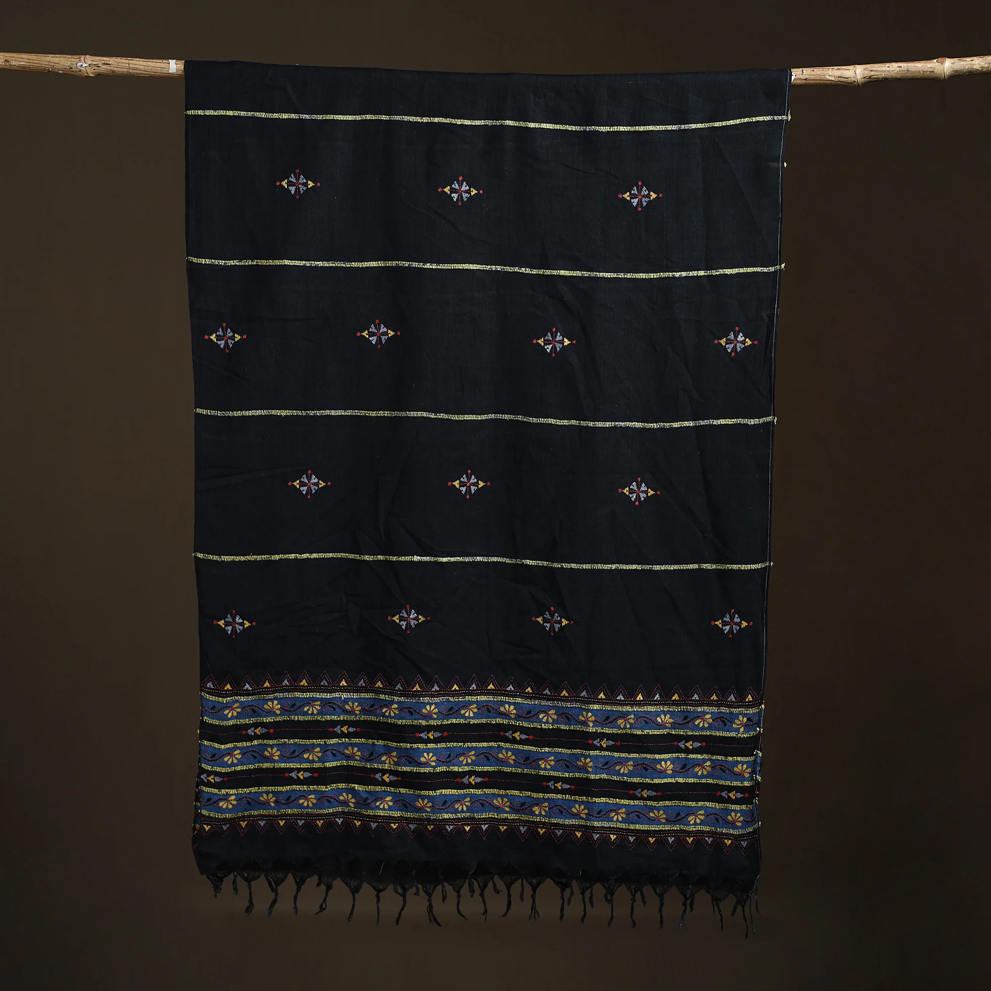 Black - Kantha Hand Embroidered Khes Handwoven Cotton Dupatta 14 - Image 5