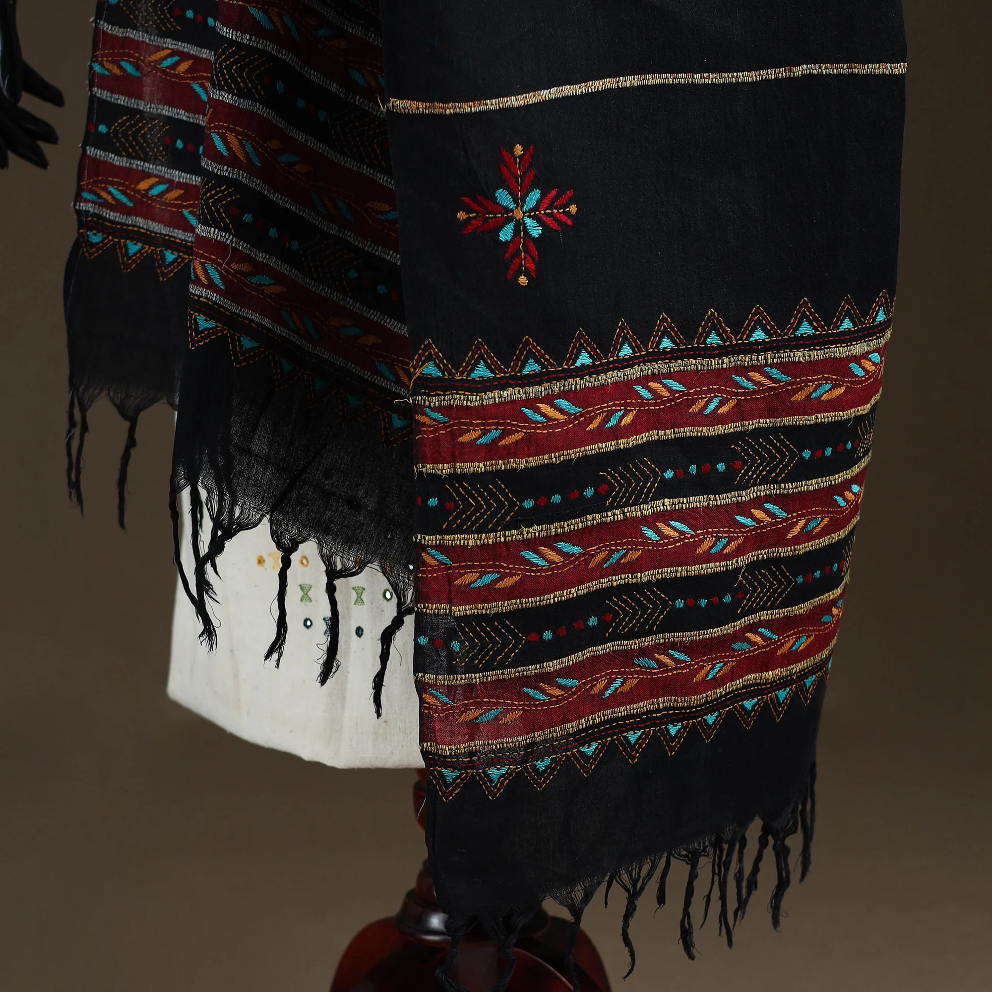 Black - Kantha Hand Embroidered Khes Handwoven Cotton Dupatta 15 - Image 4