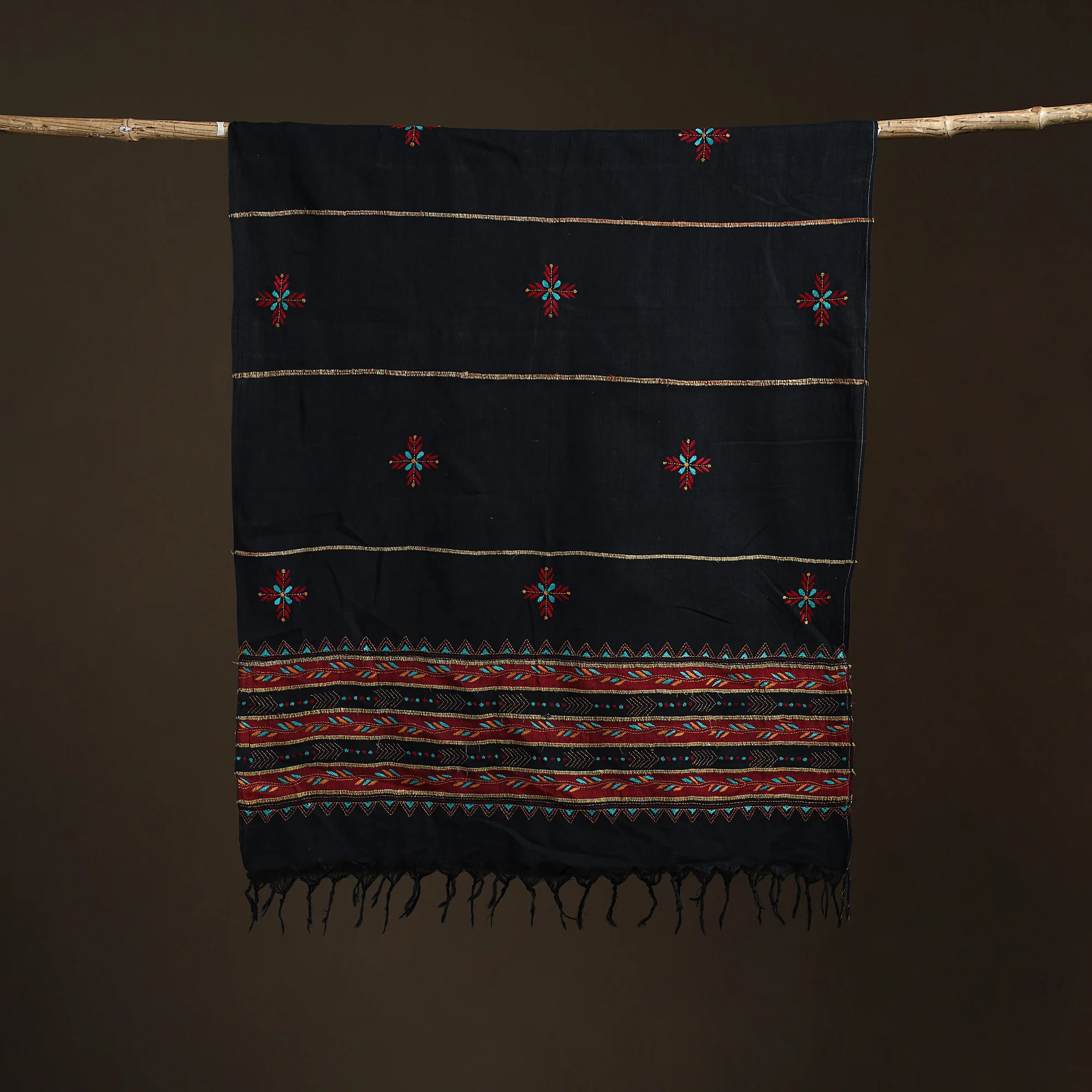 Black - Kantha Hand Embroidered Khes Handwoven Cotton Dupatta 15 - Image 5