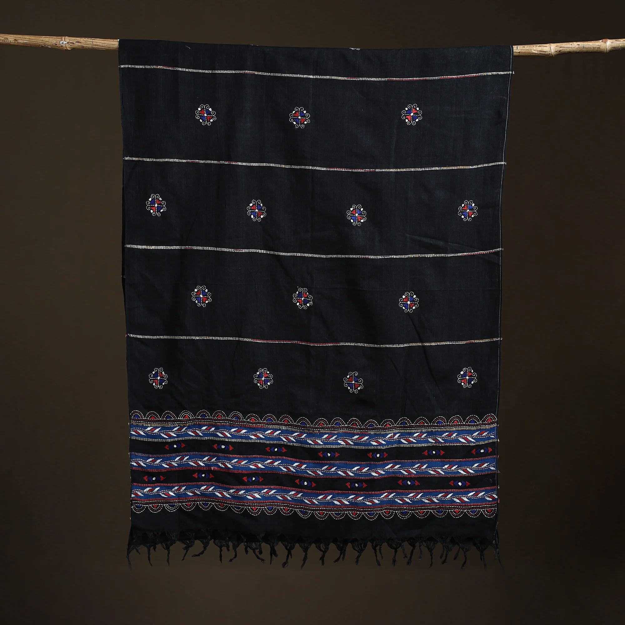 Black - Kantha Hand Embroidered Khes Handwoven Cotton Dupatta 16 - Image 5