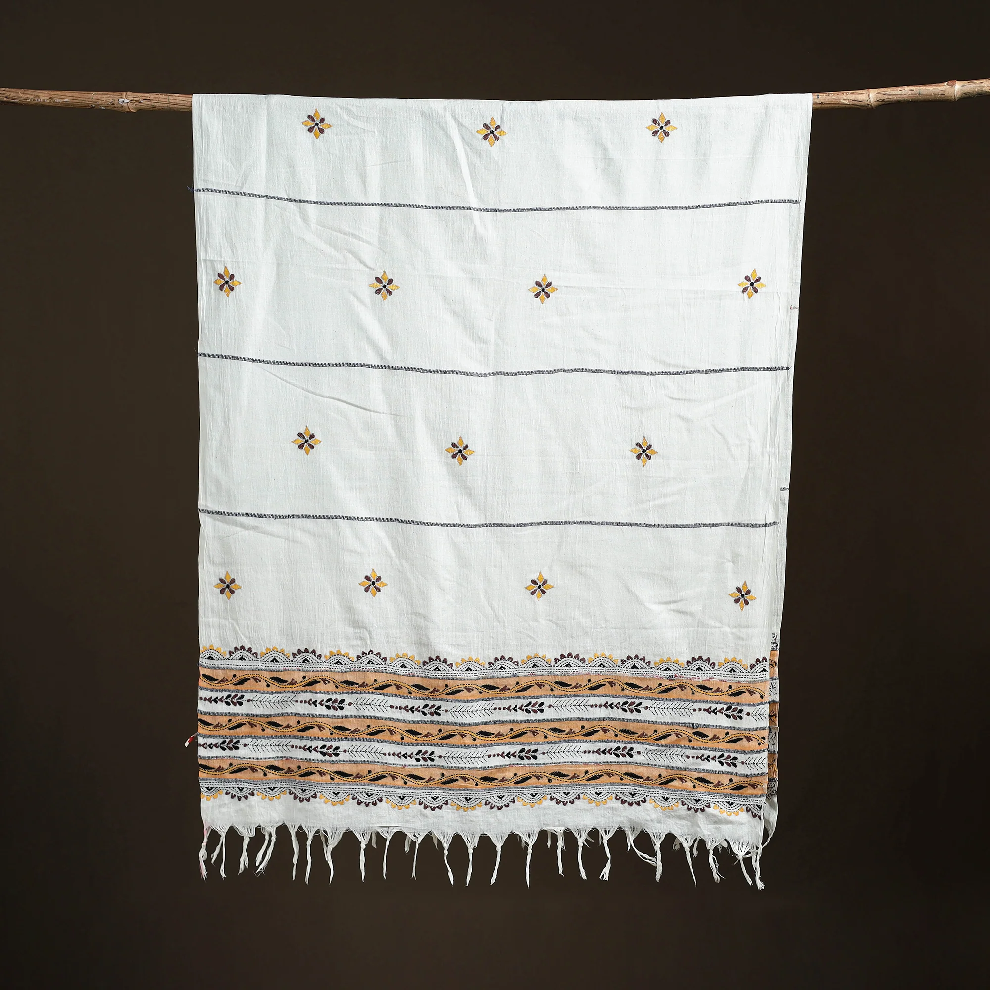 White - Kantha Hand Embroidered Khes Handwoven Cotton Dupatta 18 - Image 5
