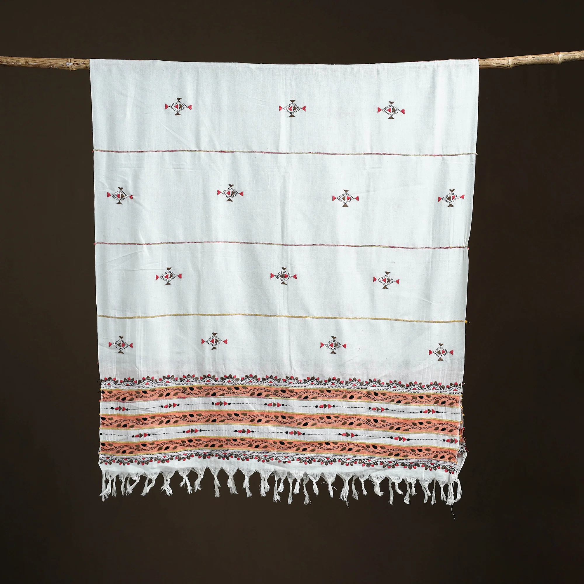 White - Kantha Hand Embroidered Khes Handwoven Cotton Dupatta 19 - Image 5