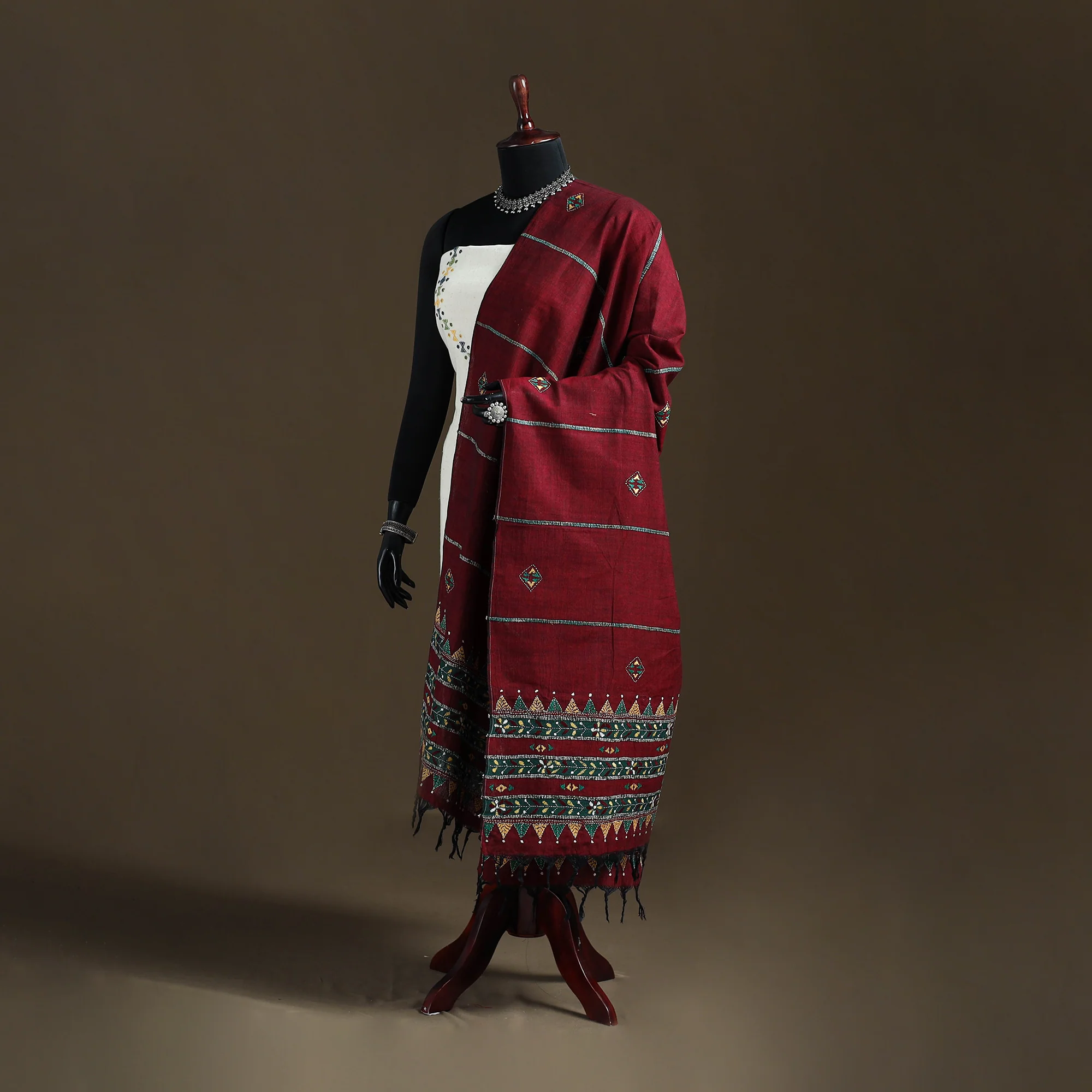 Maroon - Kantha Hand Embroidered Khes Handwoven Cotton Dupatta 20