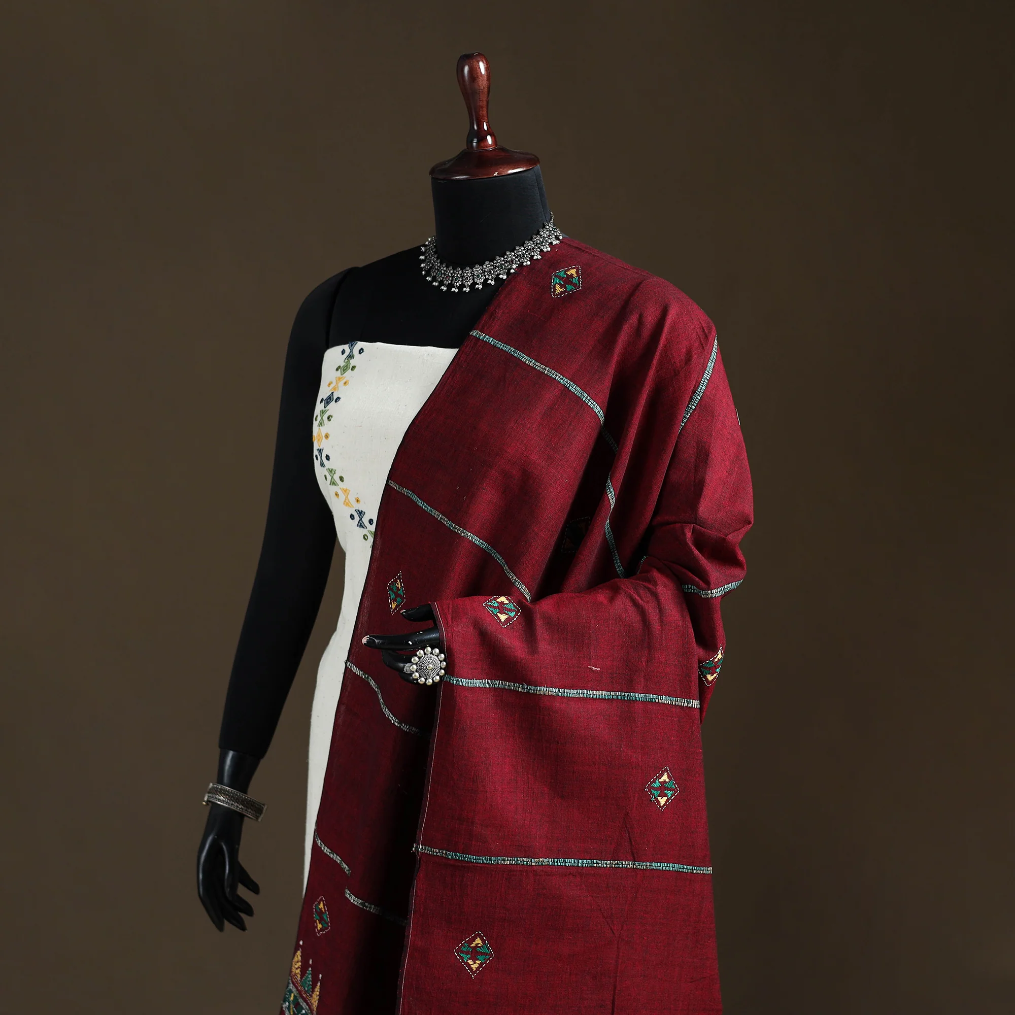 Maroon - Kantha Hand Embroidered Khes Handwoven Cotton Dupatta 20 - Image 2