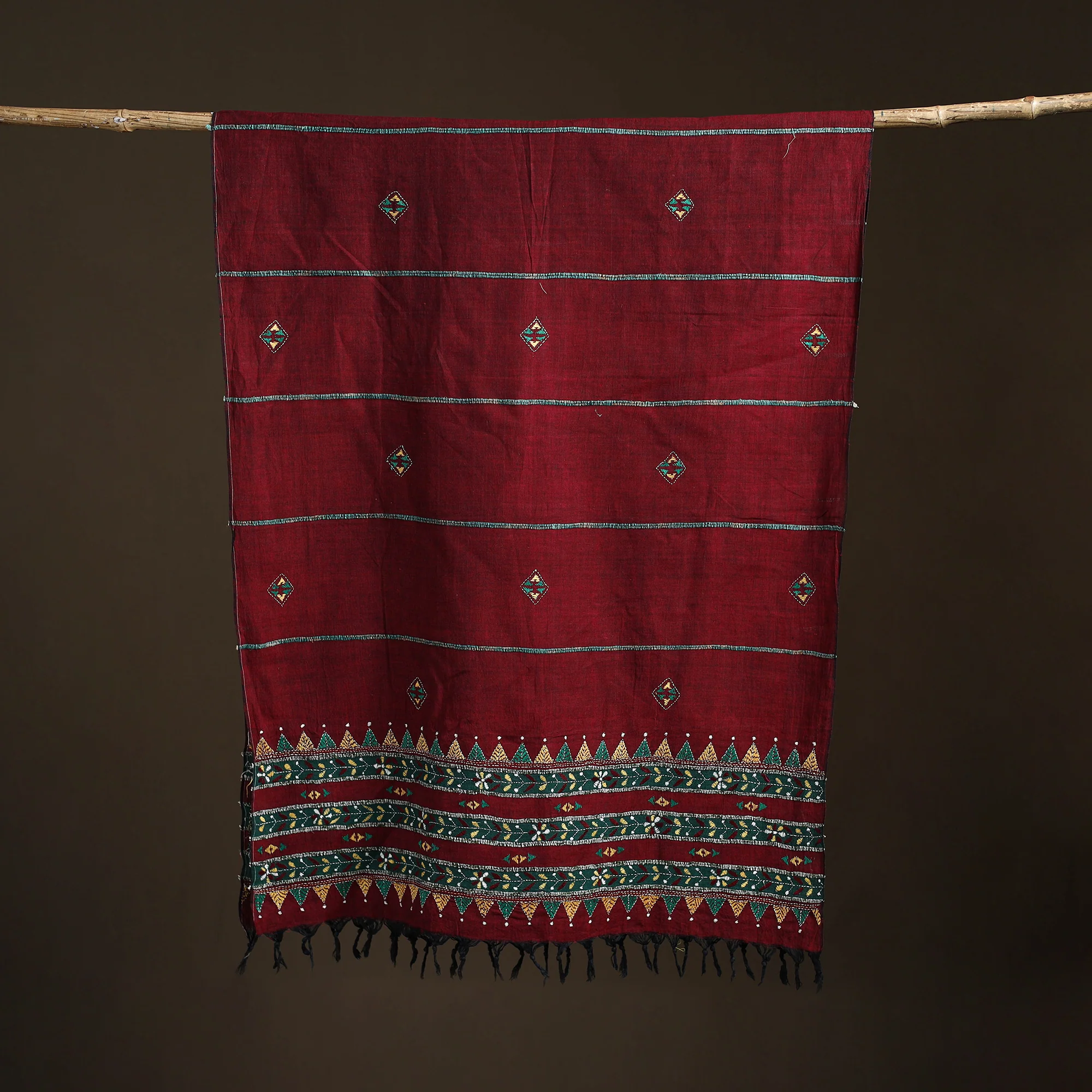 Maroon - Kantha Hand Embroidered Khes Handwoven Cotton Dupatta 20 - Image 5