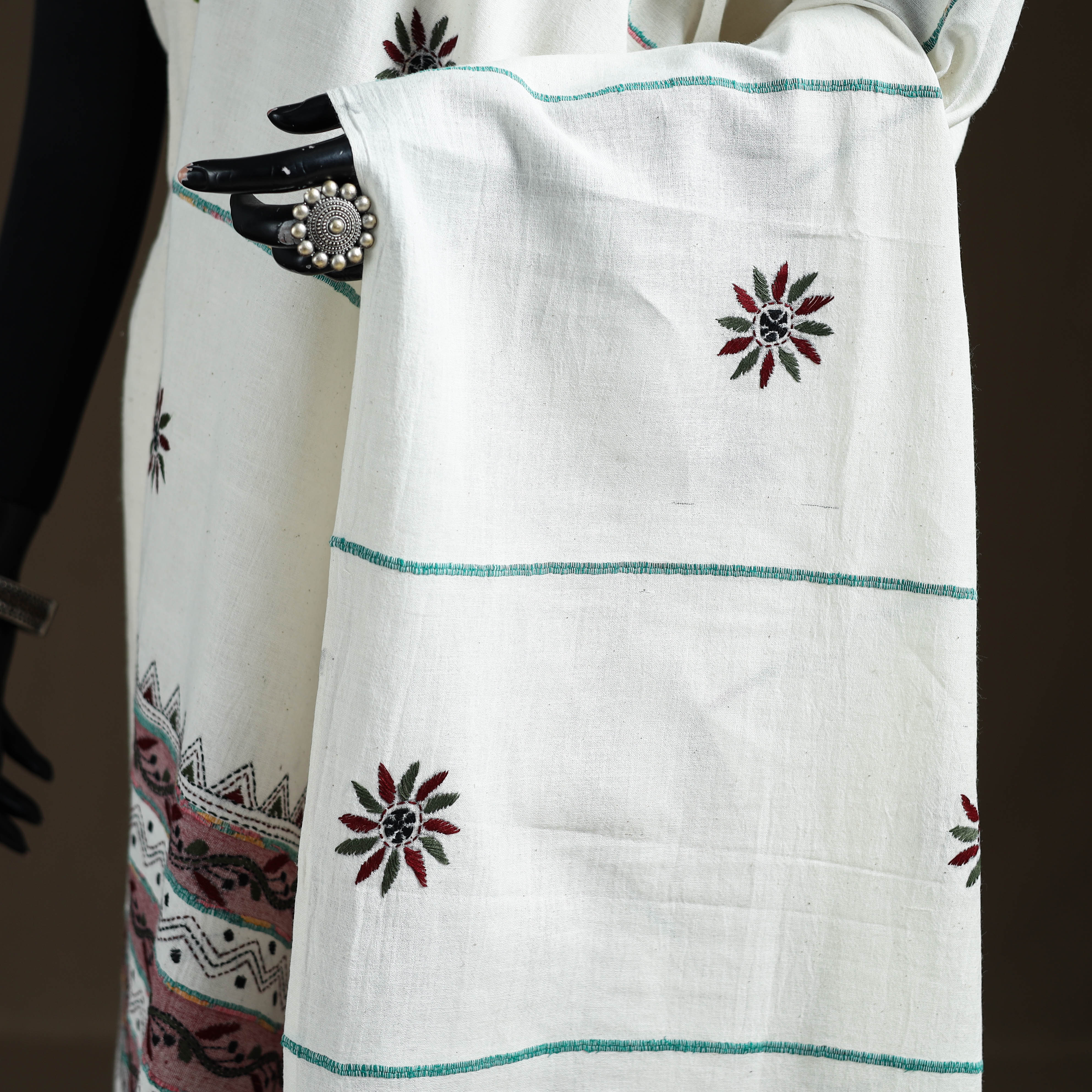 White - Kantha Hand Embroidered Khes Handwoven Cotton Dupatta 21 - Image 3