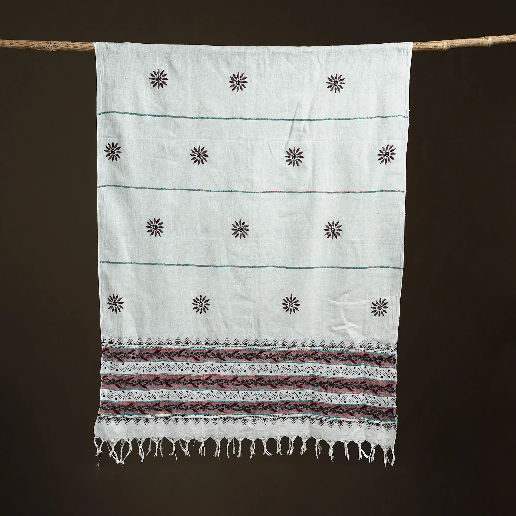 White - Kantha Hand Embroidered Khes Handwoven Cotton Dupatta 21 - Image 5