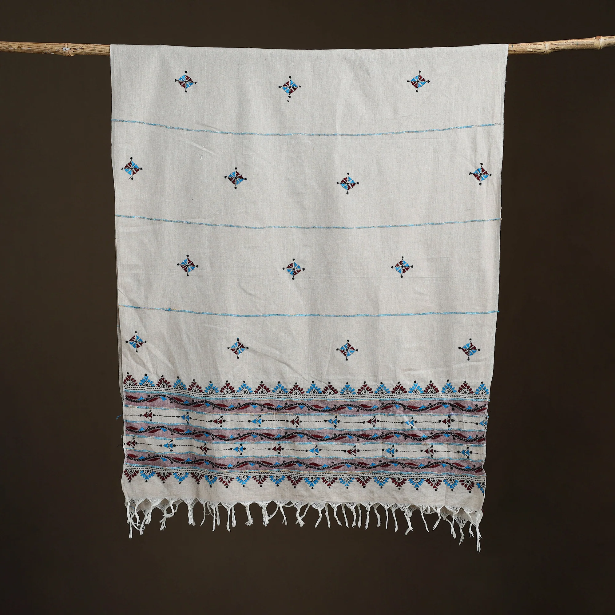 White - Kantha Hand Embroidered Khes Handwoven Cotton Dupatta 22 - Image 5