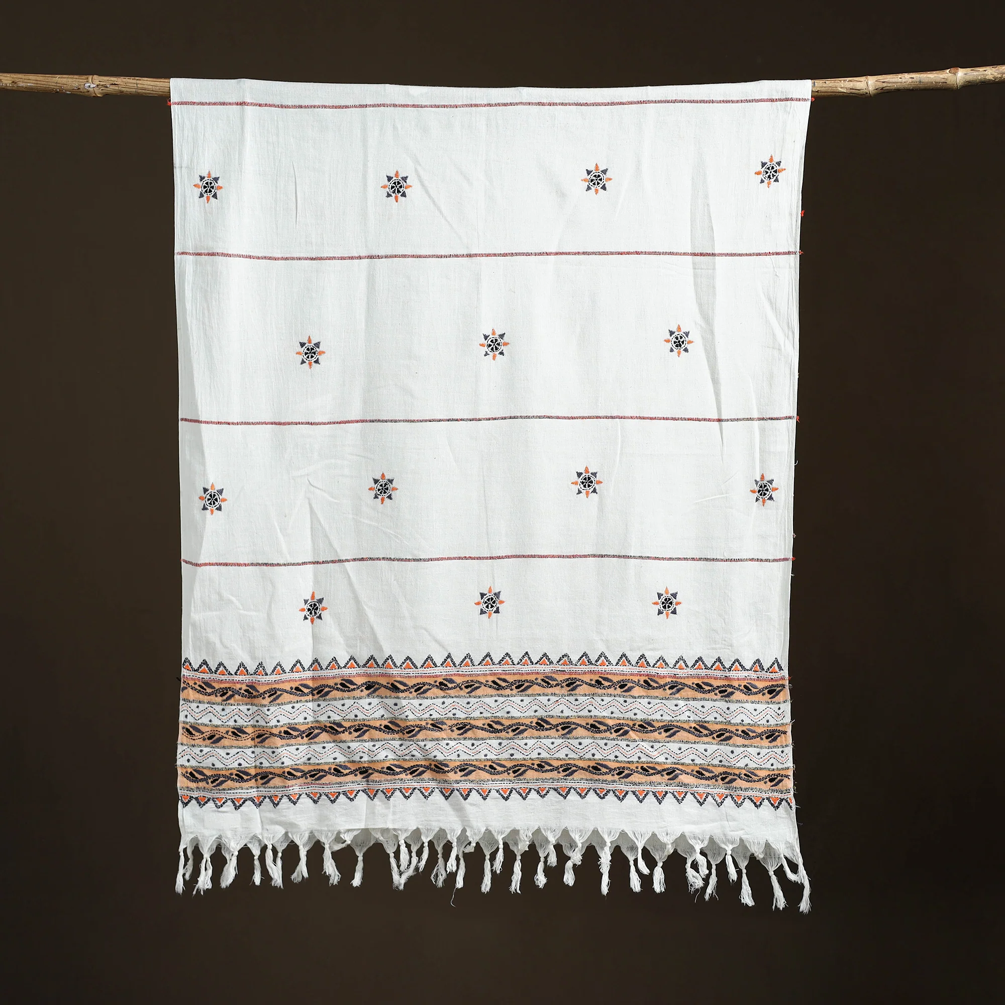 White - Kantha Hand Embroidered Khes Handwoven Cotton Dupatta 23 - Image 5