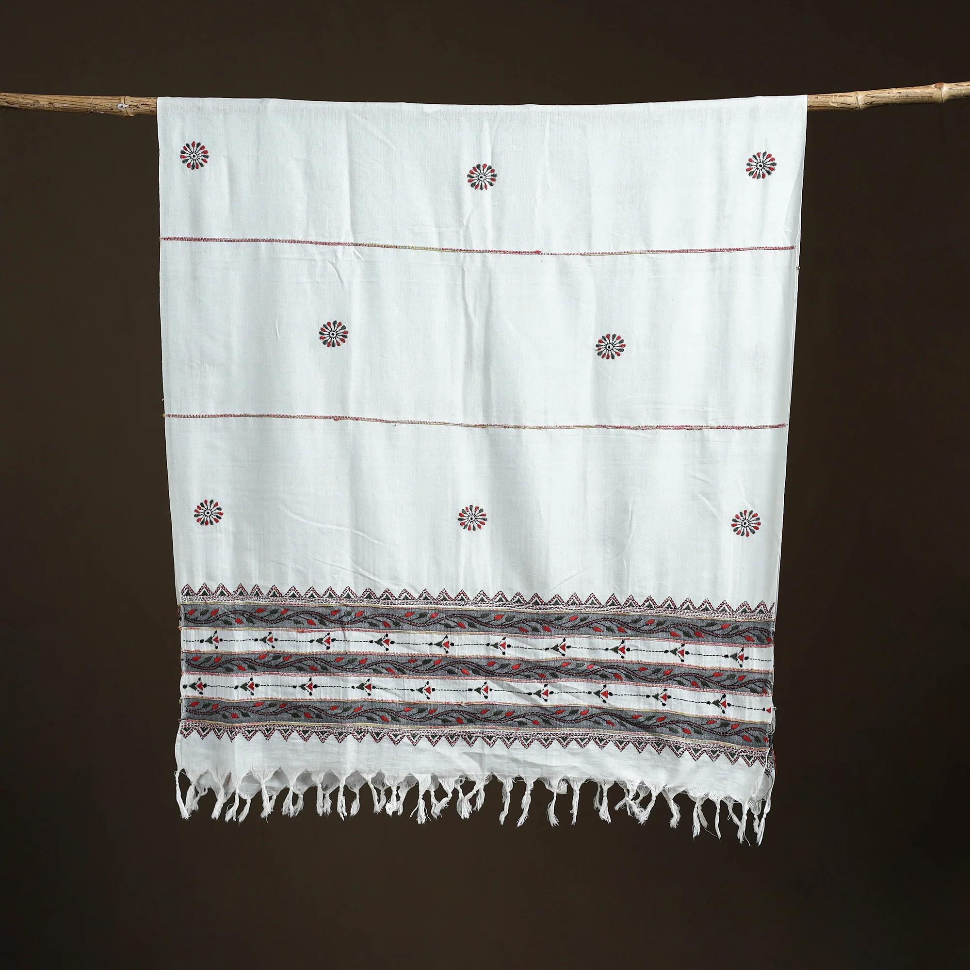 White - Kantha Hand Embroidered Khes Handwoven Cotton Dupatta 24 - Image 5
