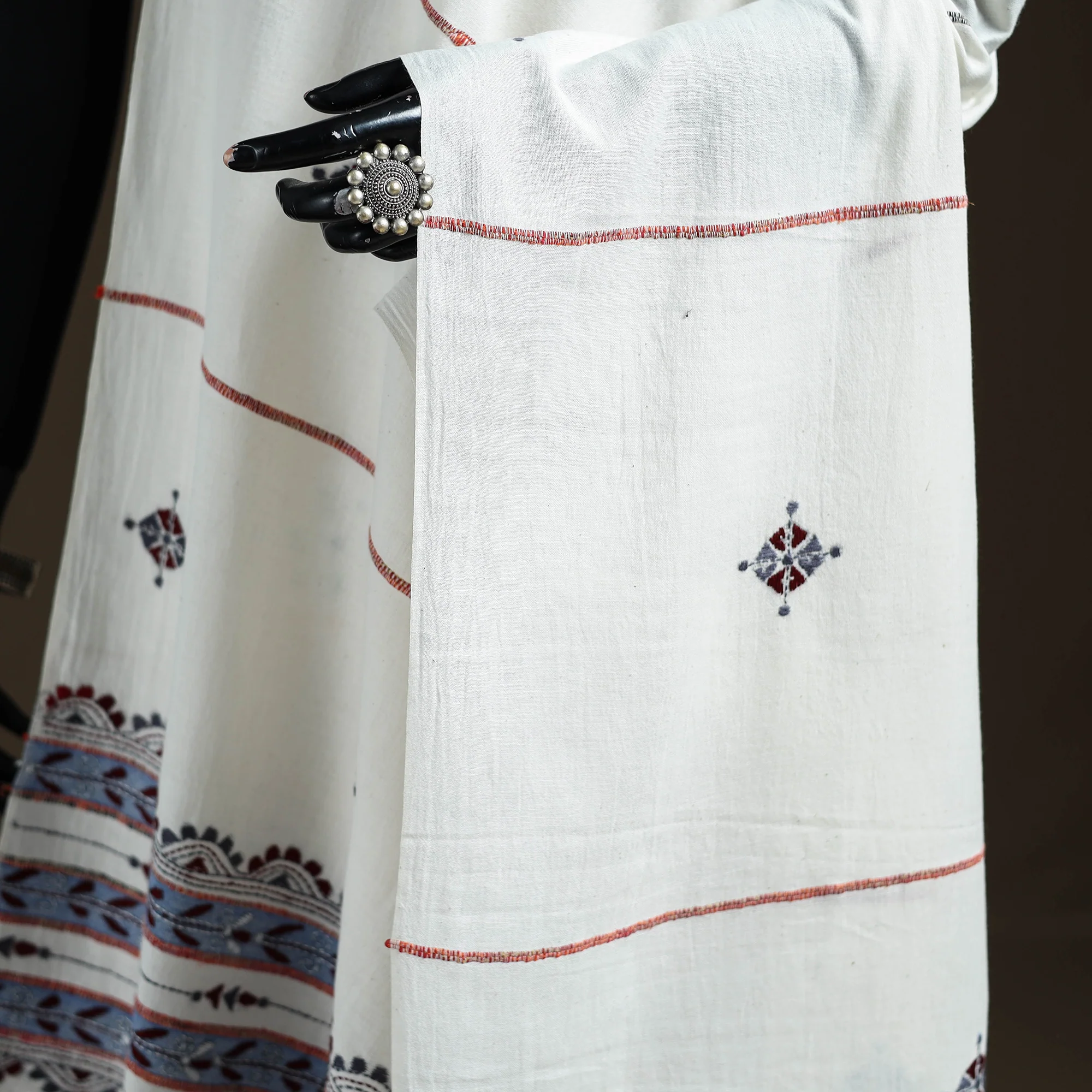 White - Kantha Hand Embroidered Khes Handwoven Cotton Dupatta 25 - Image 3