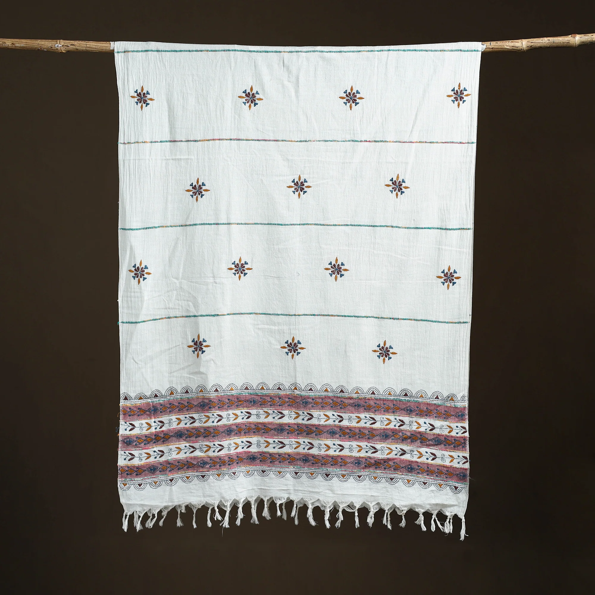 White - Kantha Hand Embroidered Khes Handwoven Cotton Dupatta 27 - Image 5