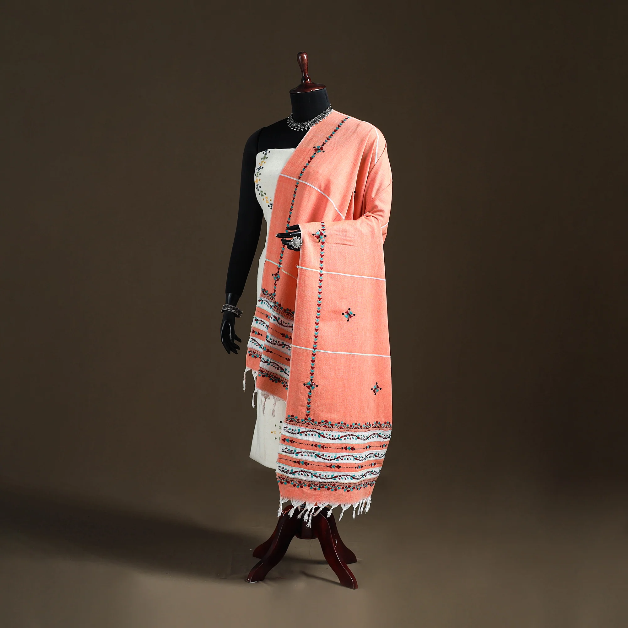 Peach - Kantha Hand Embroidered Khes Handwoven Cotton Dupatta 28