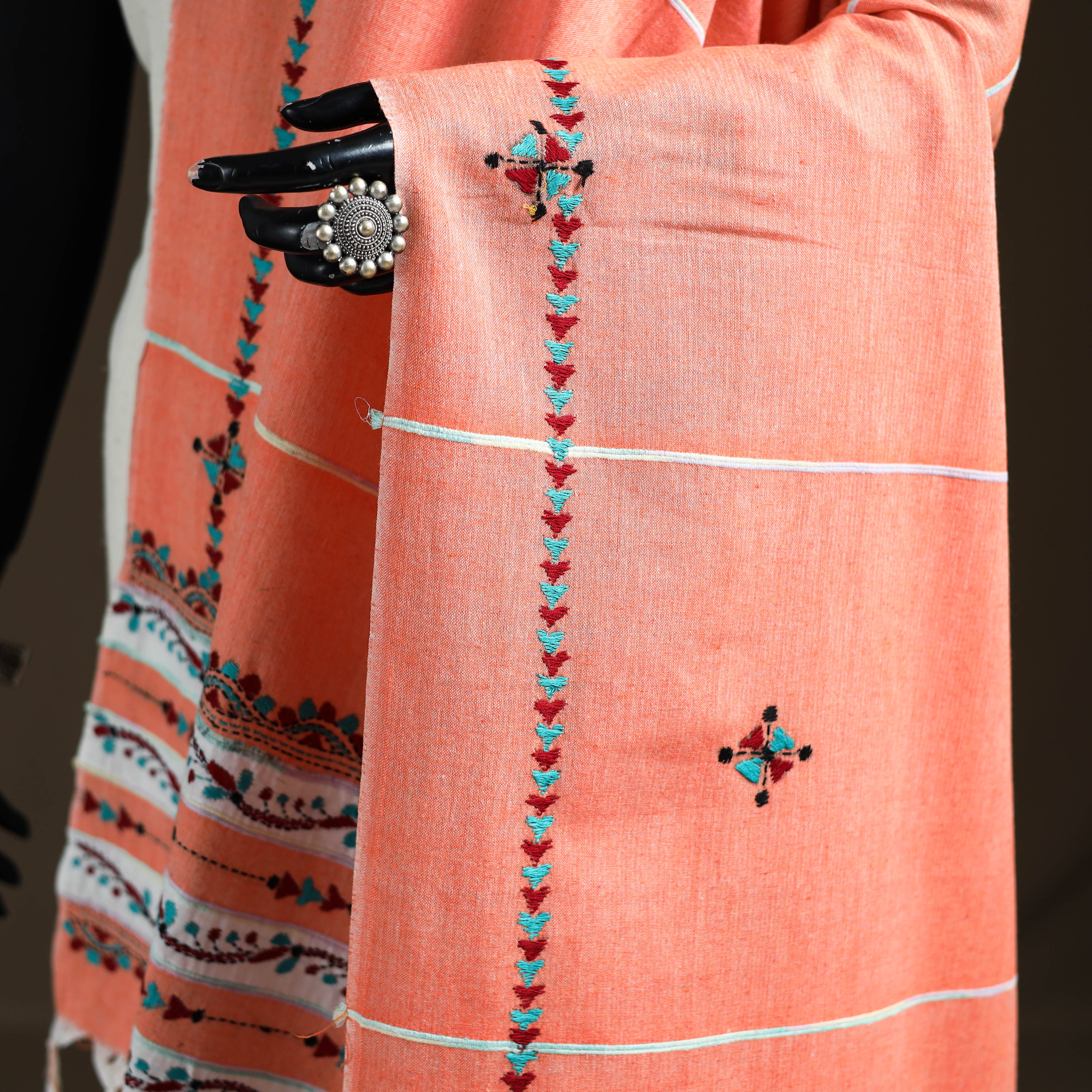 Peach - Kantha Hand Embroidered Khes Handwoven Cotton Dupatta 28 - Image 3