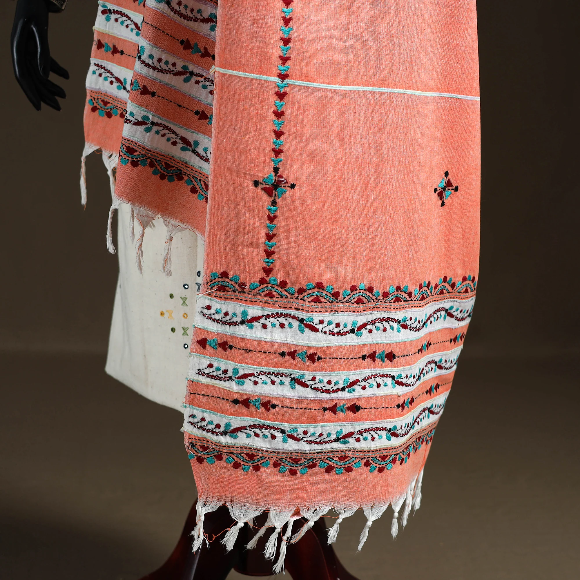 Peach - Kantha Hand Embroidered Khes Handwoven Cotton Dupatta 28 - Image 4