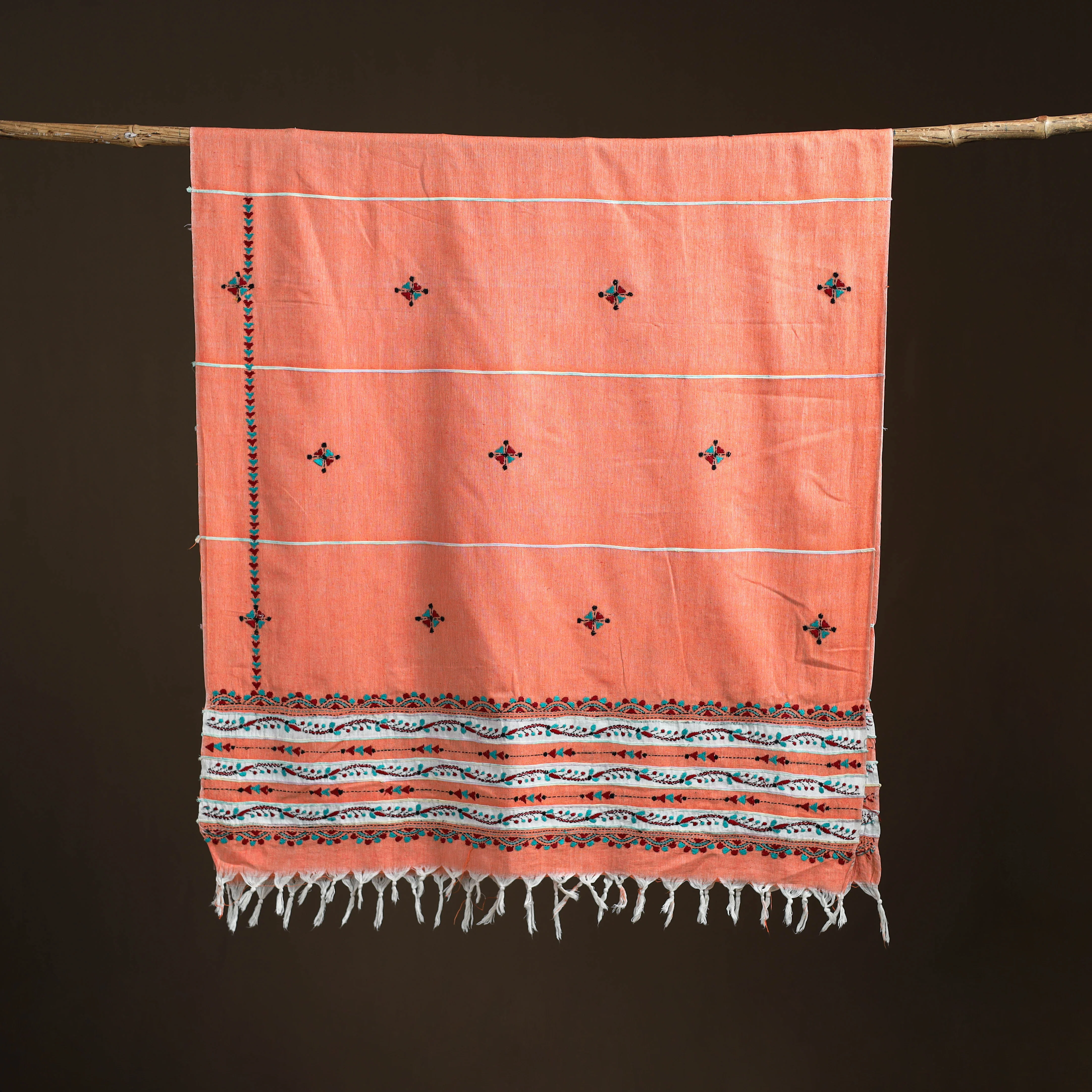 Peach - Kantha Hand Embroidered Khes Handwoven Cotton Dupatta 28 - Image 5