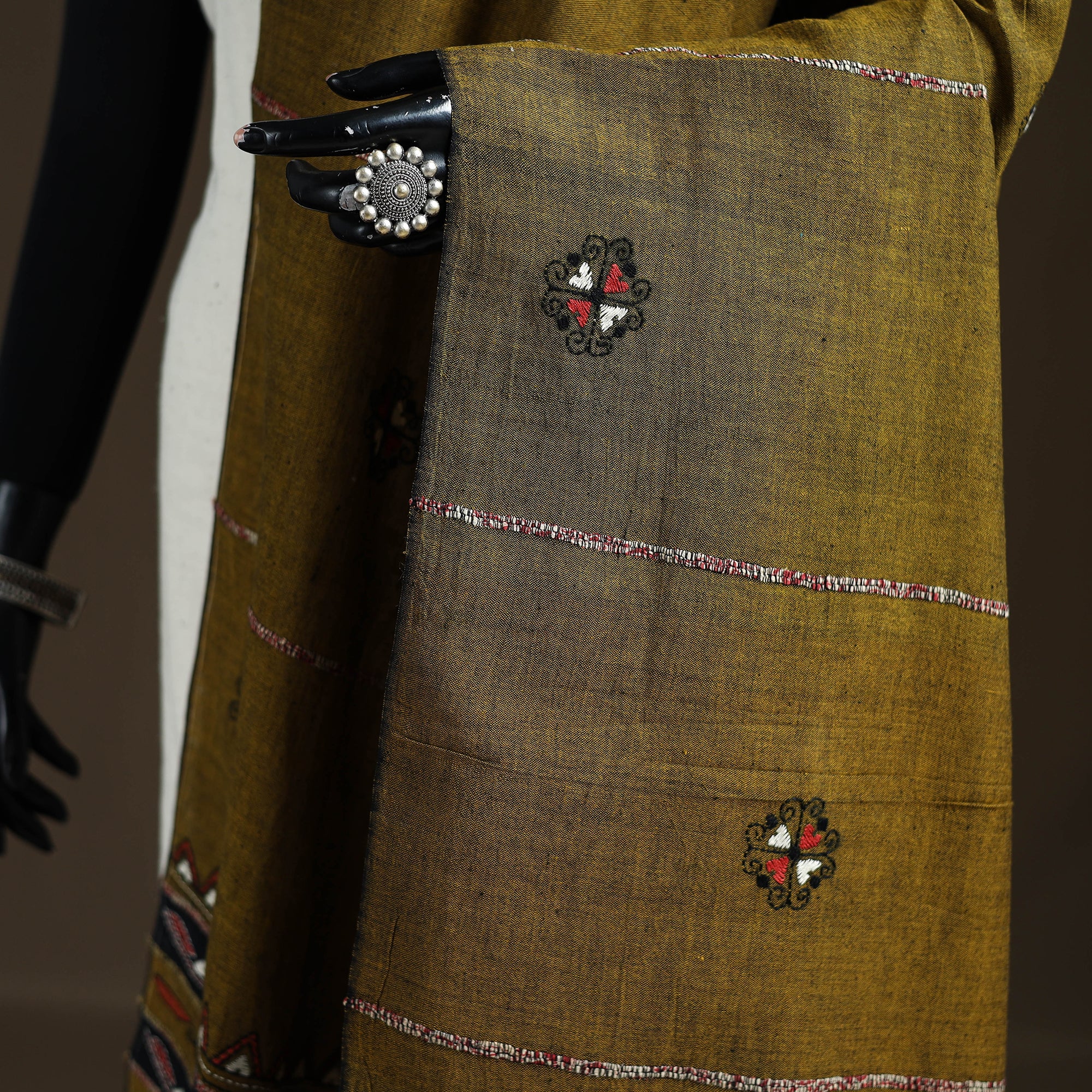 Brown - Kantha Hand Embroidered Khes Handwoven Cotton Dupatta 29 - Image 3