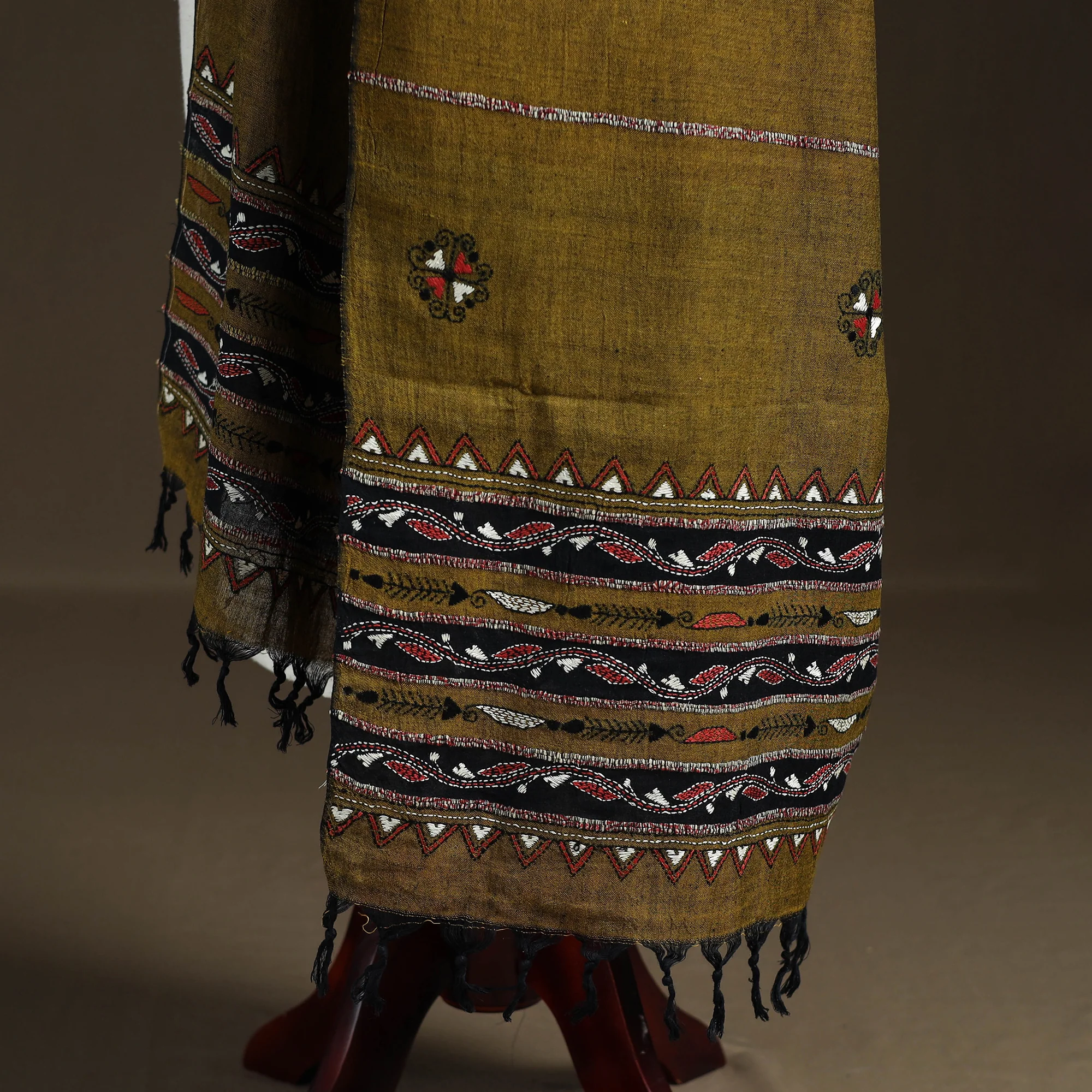 Brown - Kantha Hand Embroidered Khes Handwoven Cotton Dupatta 29 - Image 4