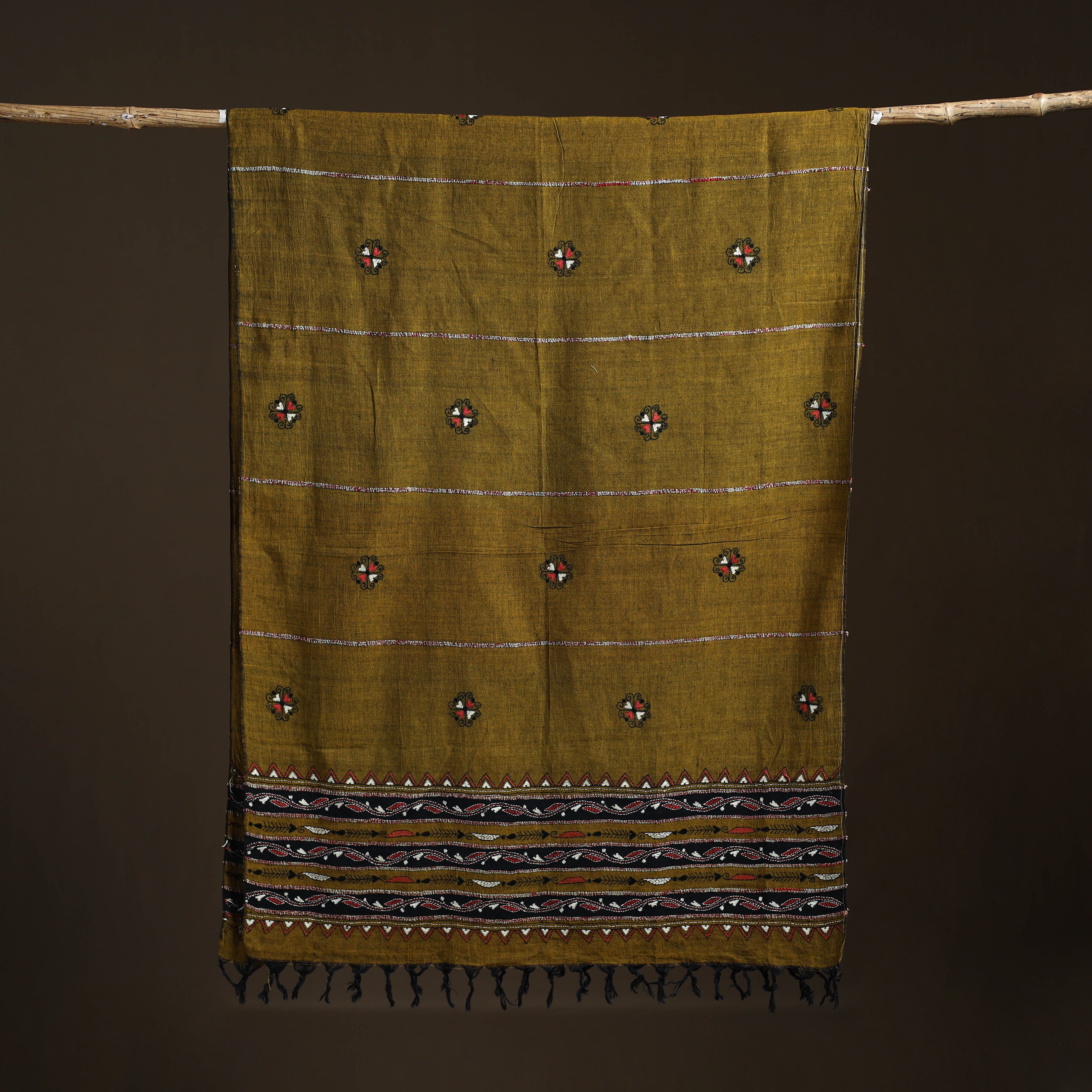 Brown - Kantha Hand Embroidered Khes Handwoven Cotton Dupatta 29 - Image 5