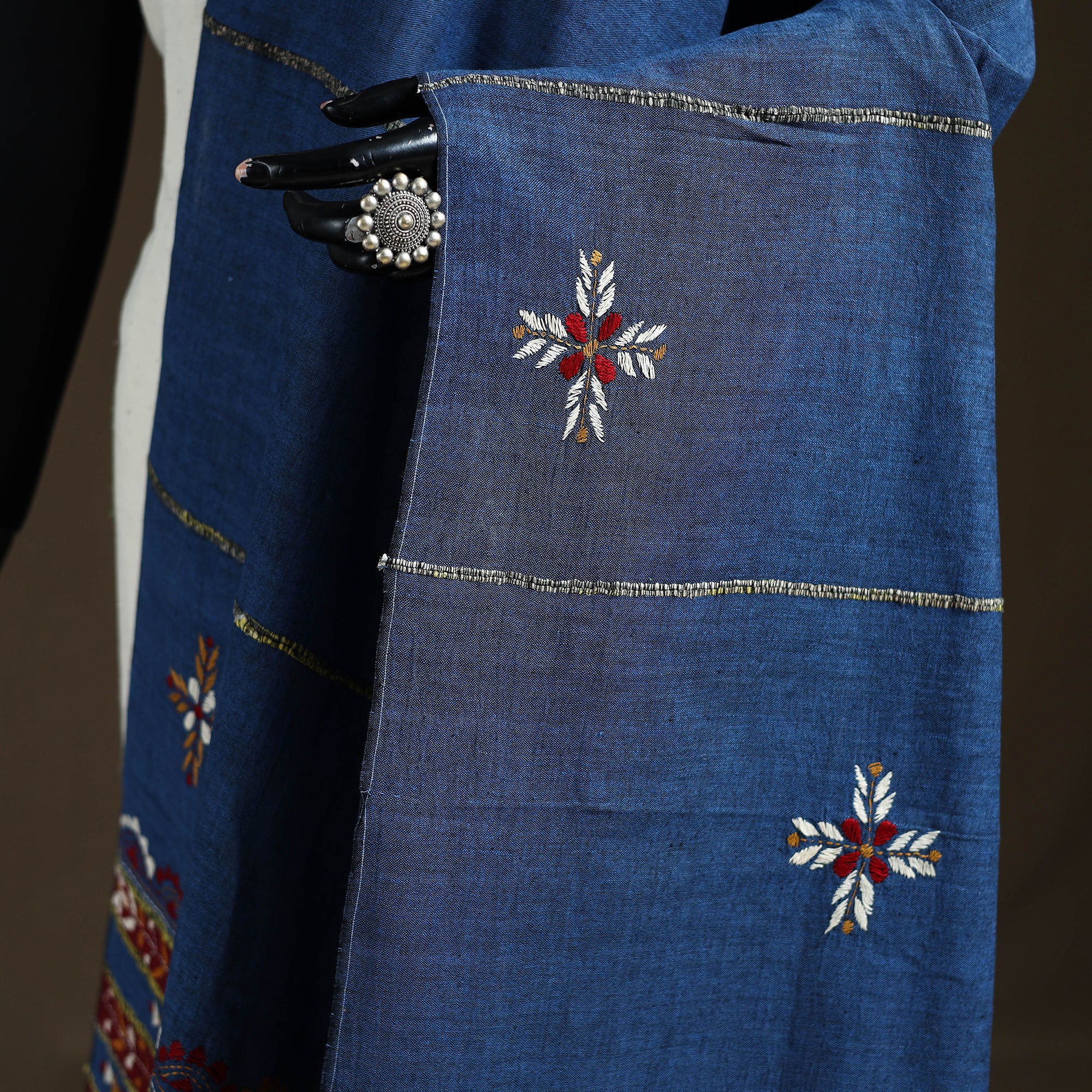 Blue - Kantha Hand Embroidered Khes Handwoven Cotton Dupatta 30 - Image 3
