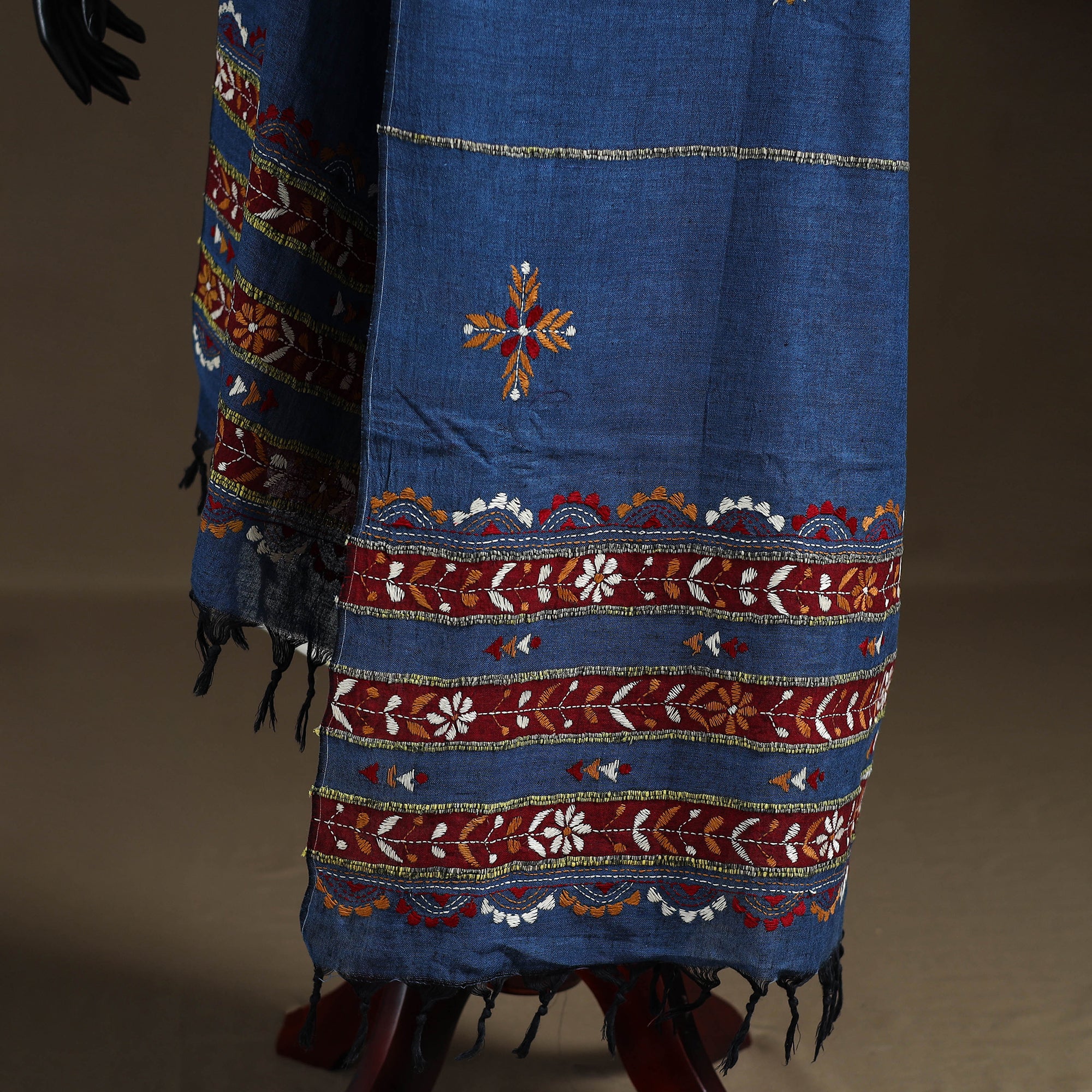 Blue - Kantha Hand Embroidered Khes Handwoven Cotton Dupatta 30 - Image 4