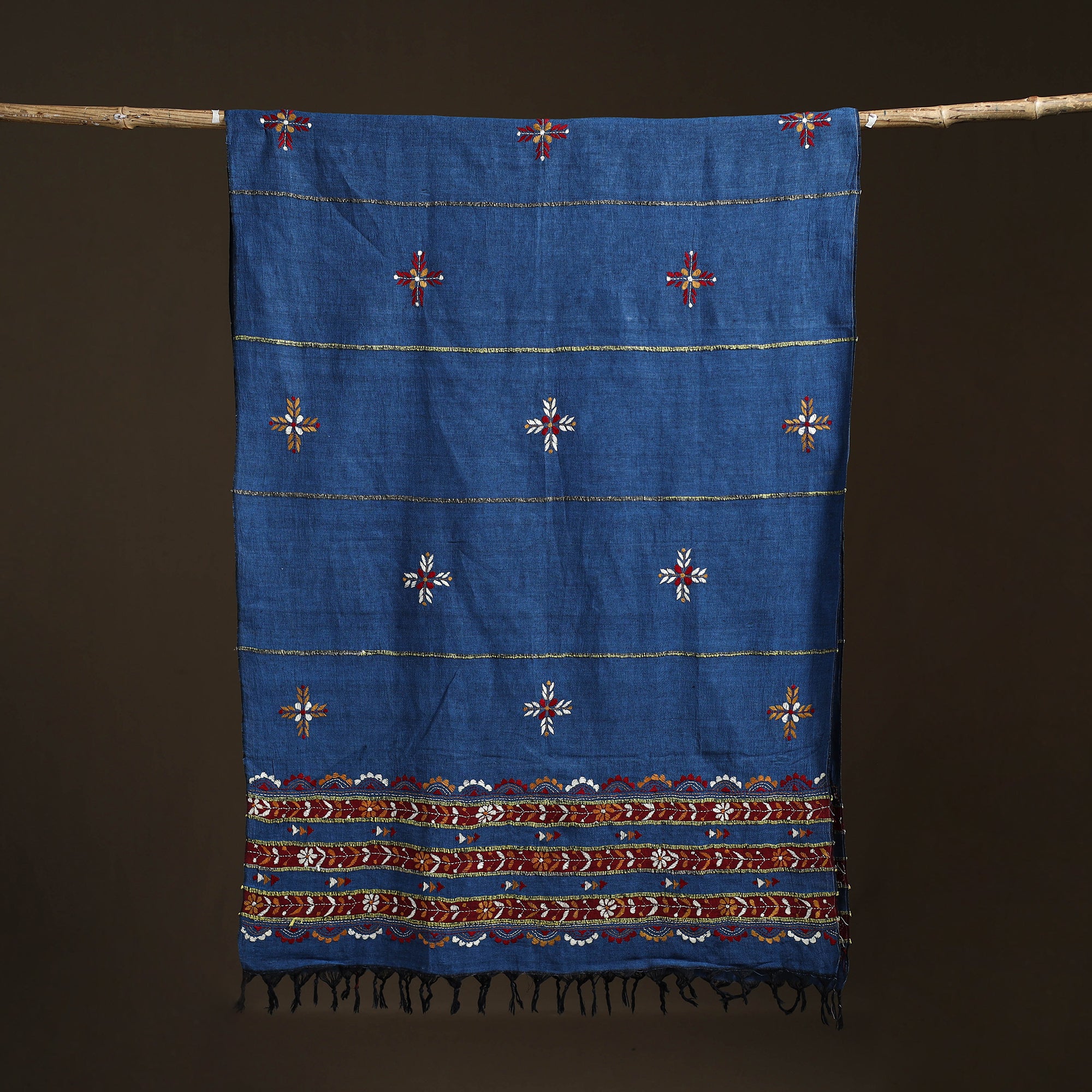Blue - Kantha Hand Embroidered Khes Handwoven Cotton Dupatta 30 - Image 5