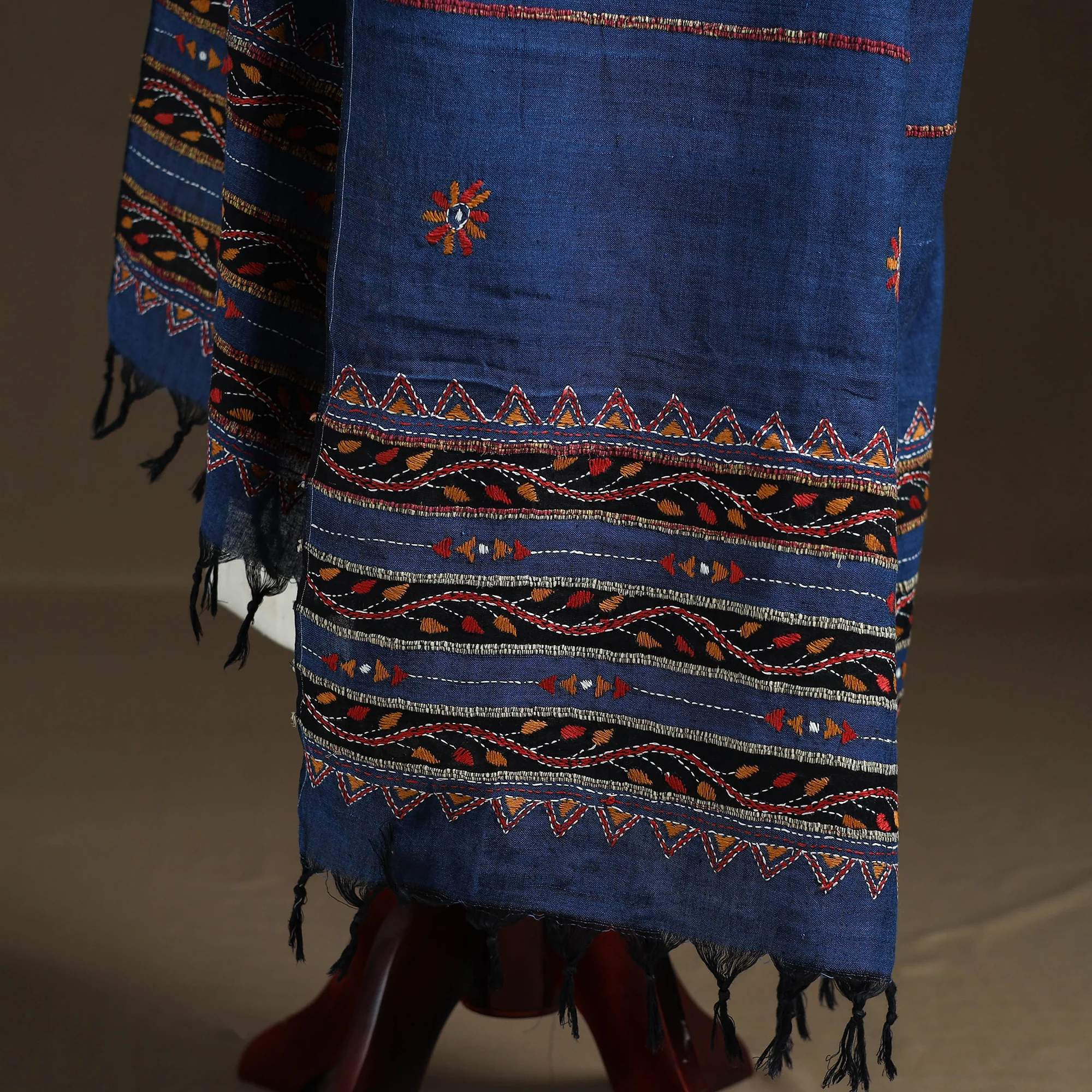 Blue - Kantha Hand Embroidered Khes Handwoven Cotton Dupatta 31 - Image 4