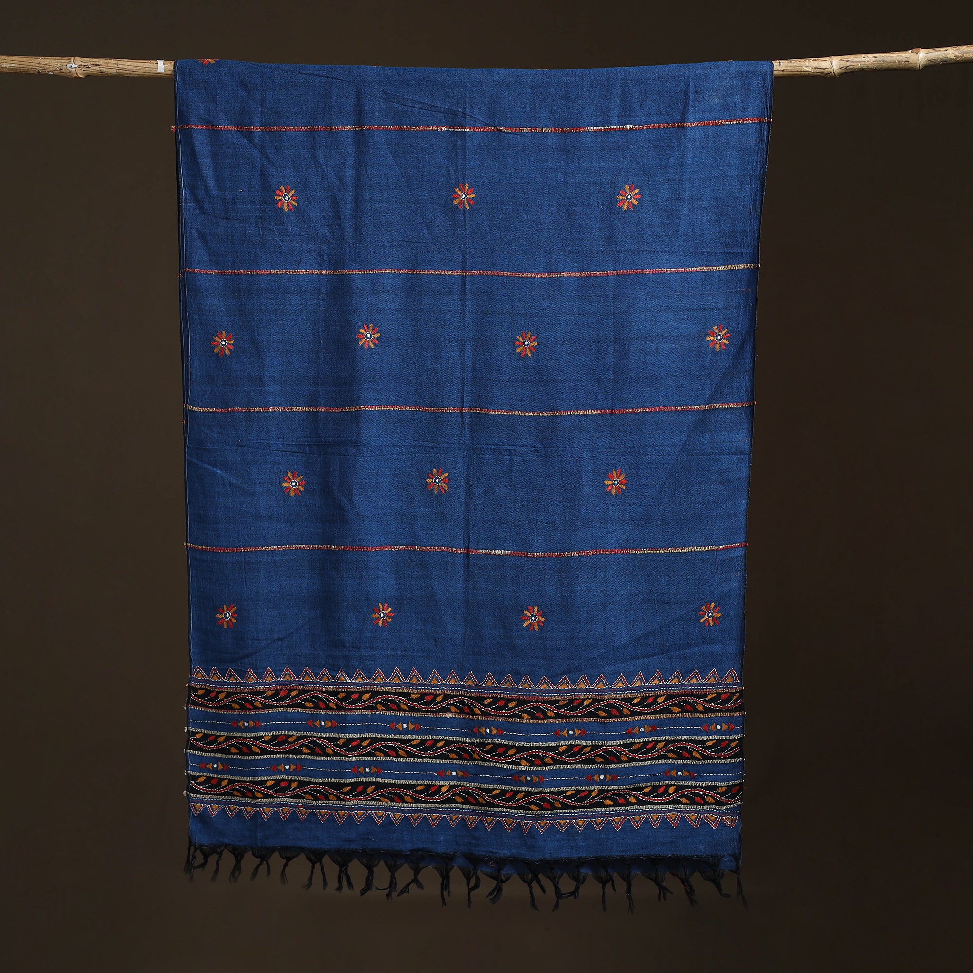 Blue - Kantha Hand Embroidered Khes Handwoven Cotton Dupatta 31 - Image 5