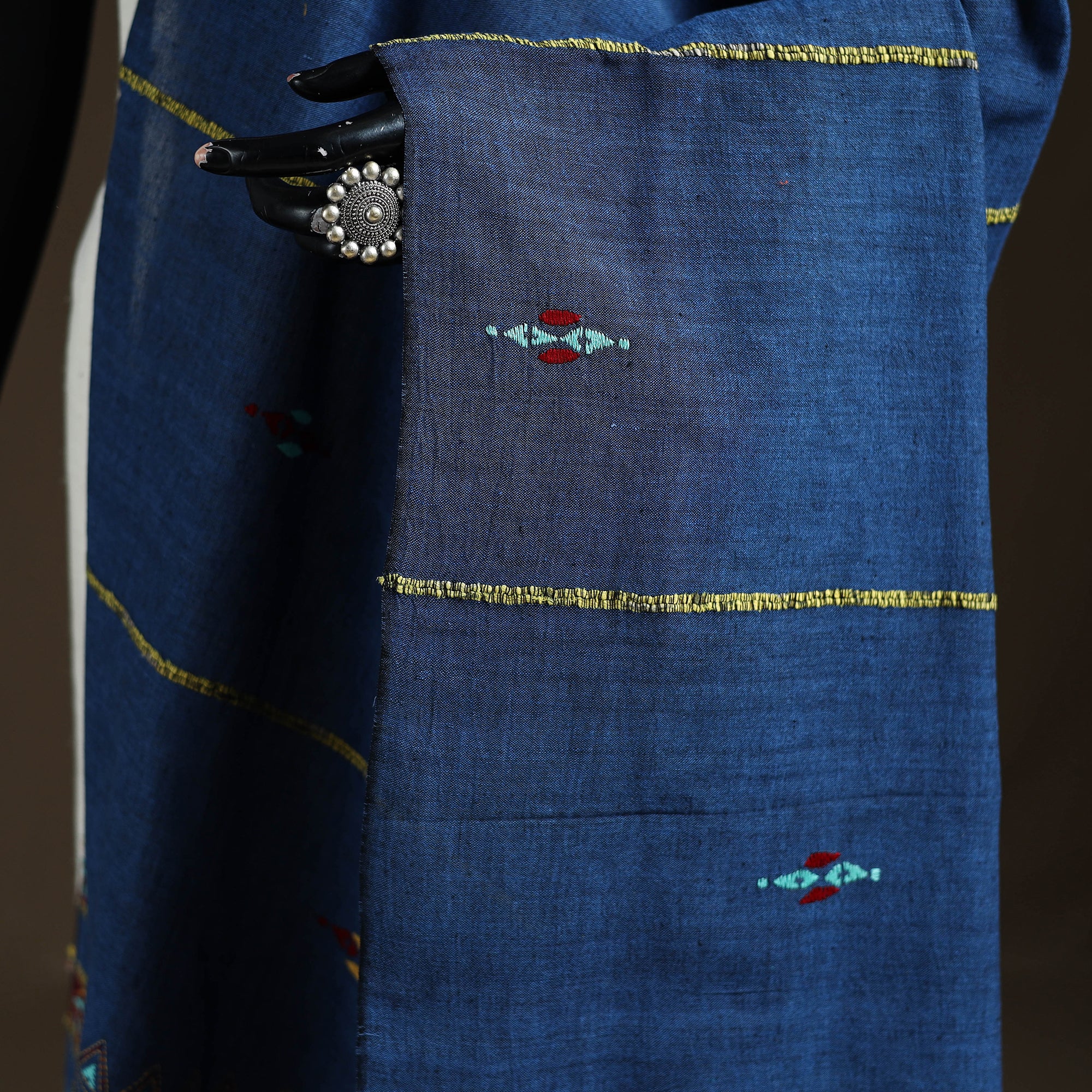 Blue - Kantha Hand Embroidered Khes Handwoven Cotton Dupatta 32 - Image 3