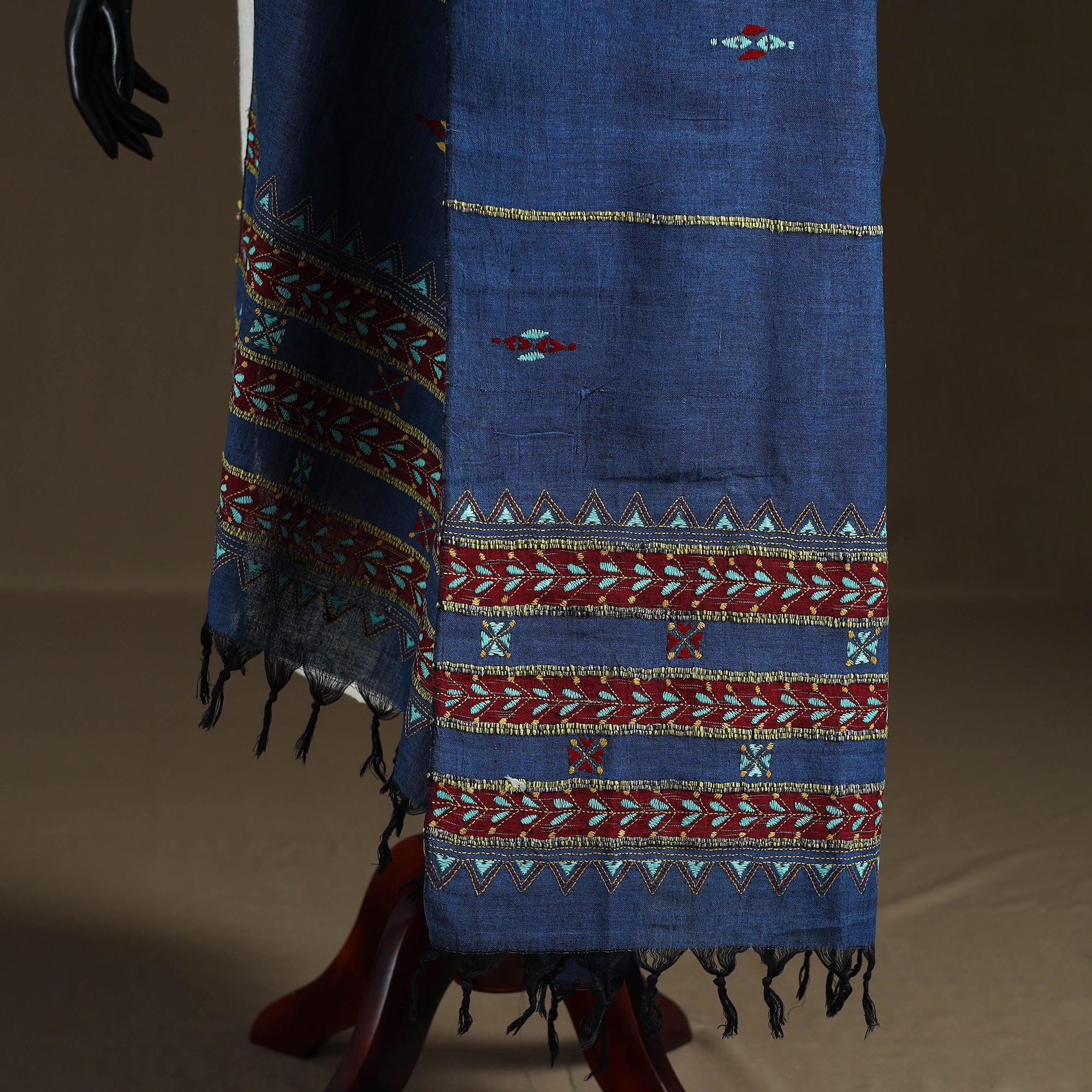 Blue - Kantha Hand Embroidered Khes Handwoven Cotton Dupatta 32 - Image 4