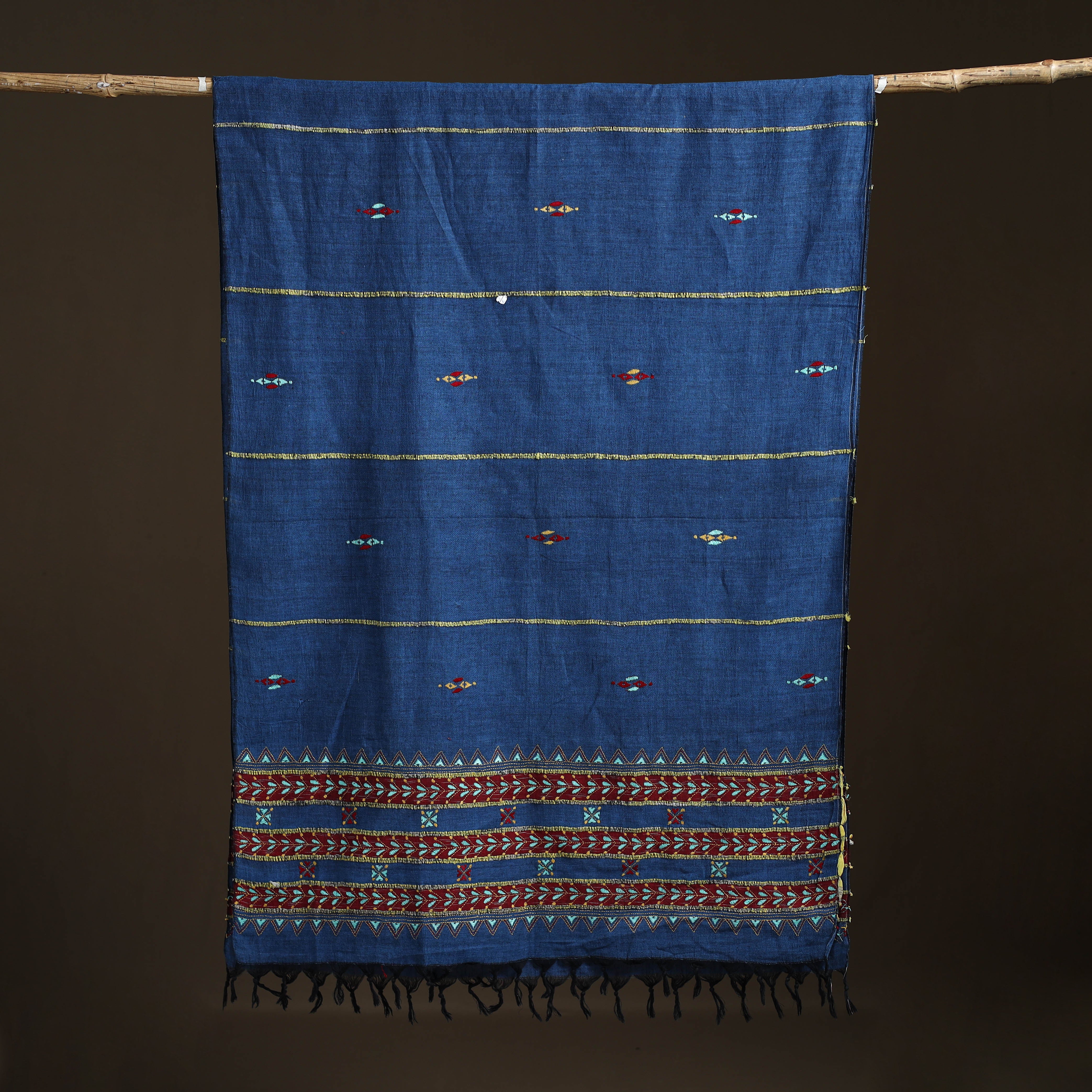 Blue - Kantha Hand Embroidered Khes Handwoven Cotton Dupatta 32 - Image 5