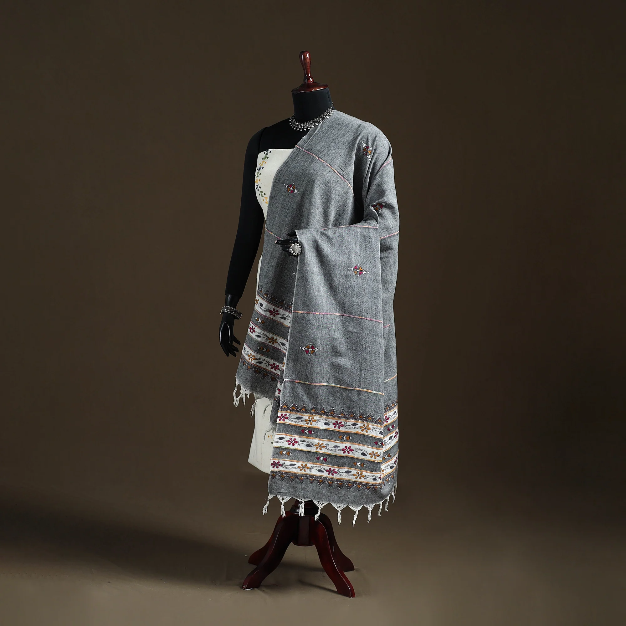 Grey - Kantha Hand Embroidered Khes Handwoven Cotton Dupatta 33