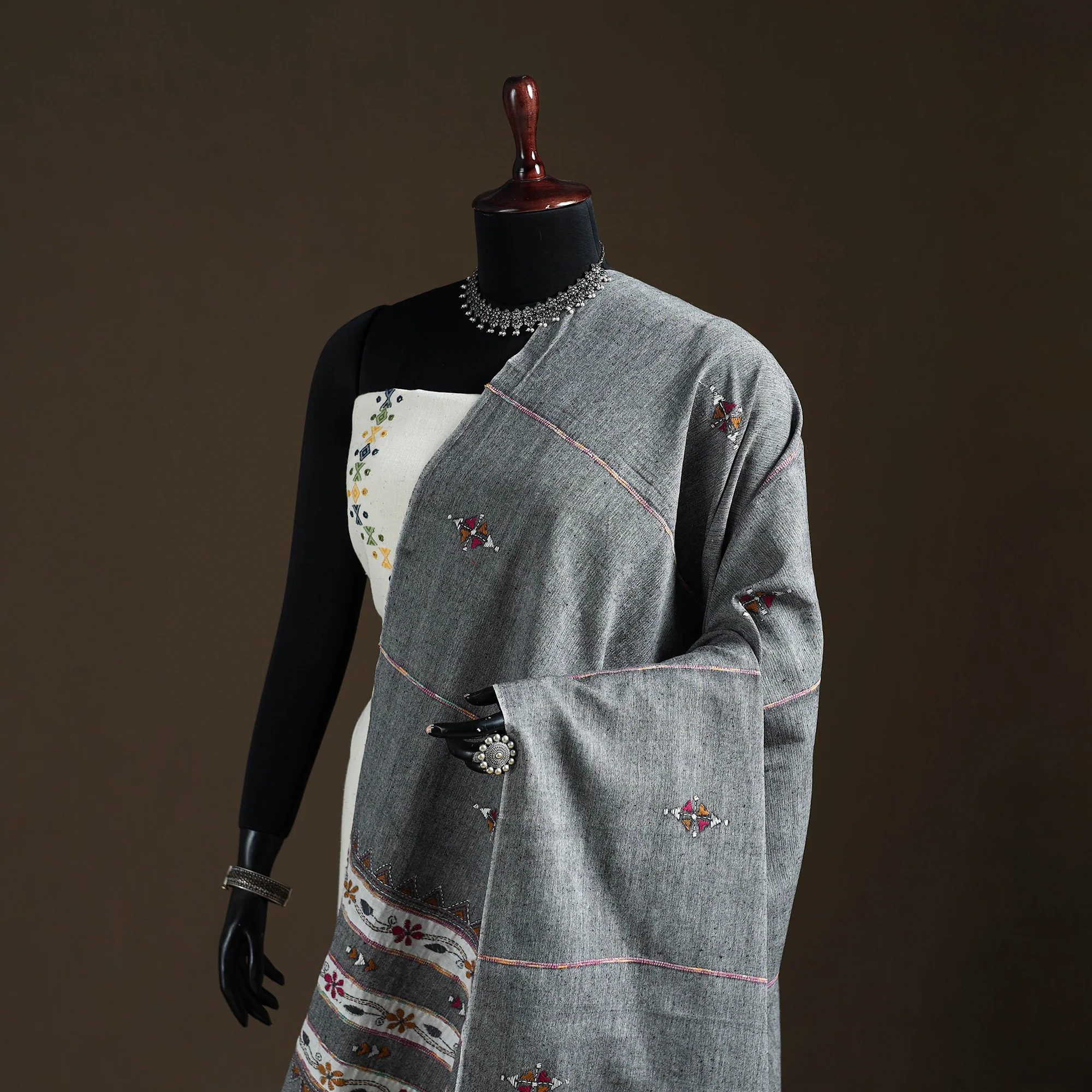 Grey - Kantha Hand Embroidered Khes Handwoven Cotton Dupatta 33 - Image 2