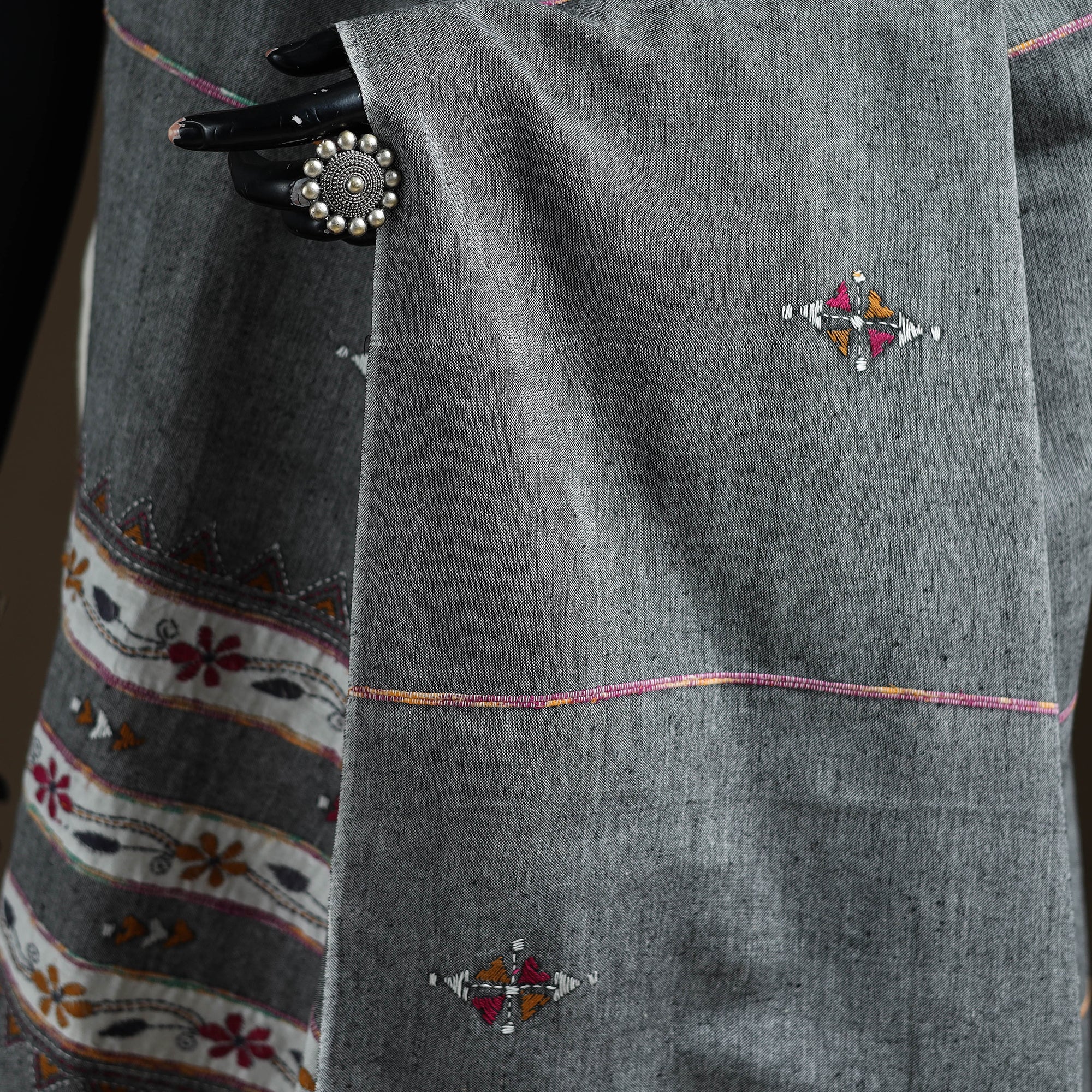 Grey - Kantha Hand Embroidered Khes Handwoven Cotton Dupatta 33 - Image 3