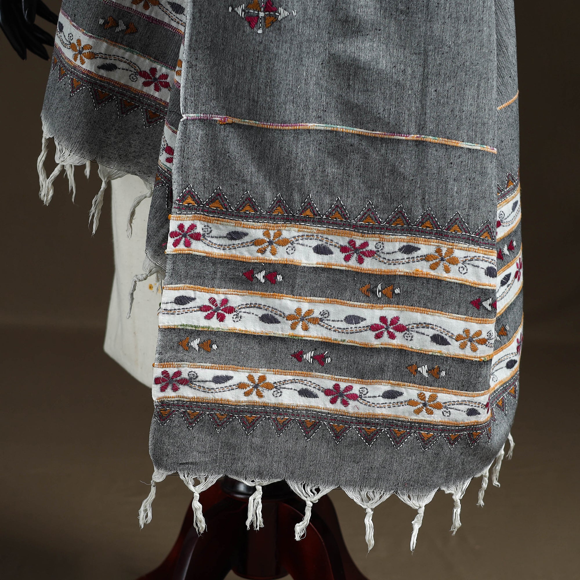 Grey - Kantha Hand Embroidered Khes Handwoven Cotton Dupatta 33 - Image 4