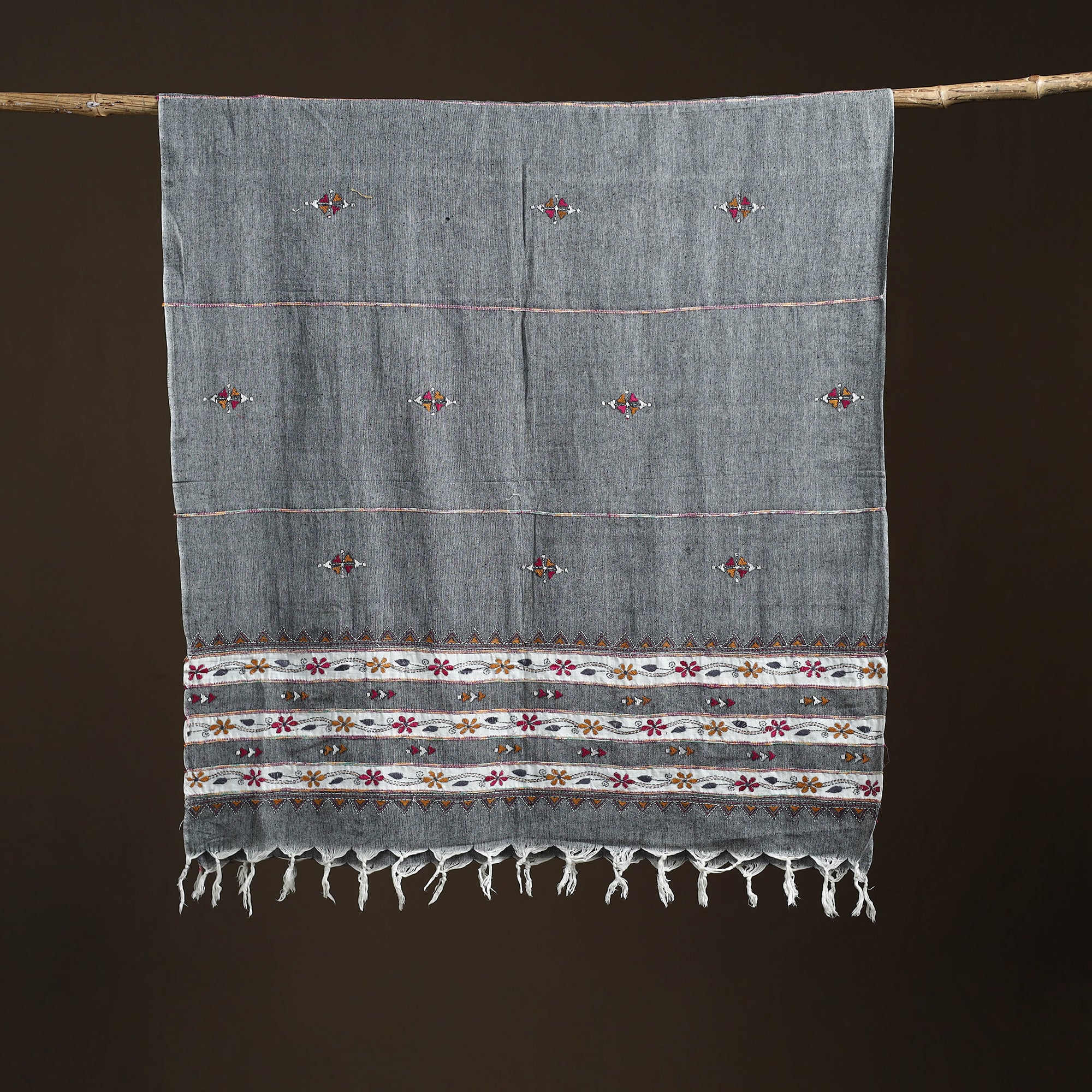 Grey - Kantha Hand Embroidered Khes Handwoven Cotton Dupatta 33 - Image 5