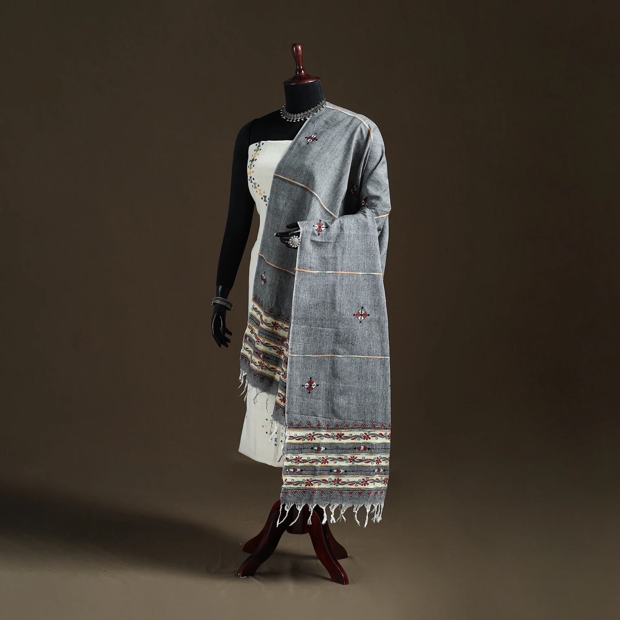 Grey - Kantha Hand Embroidered Khes Handwoven Cotton Dupatta 34