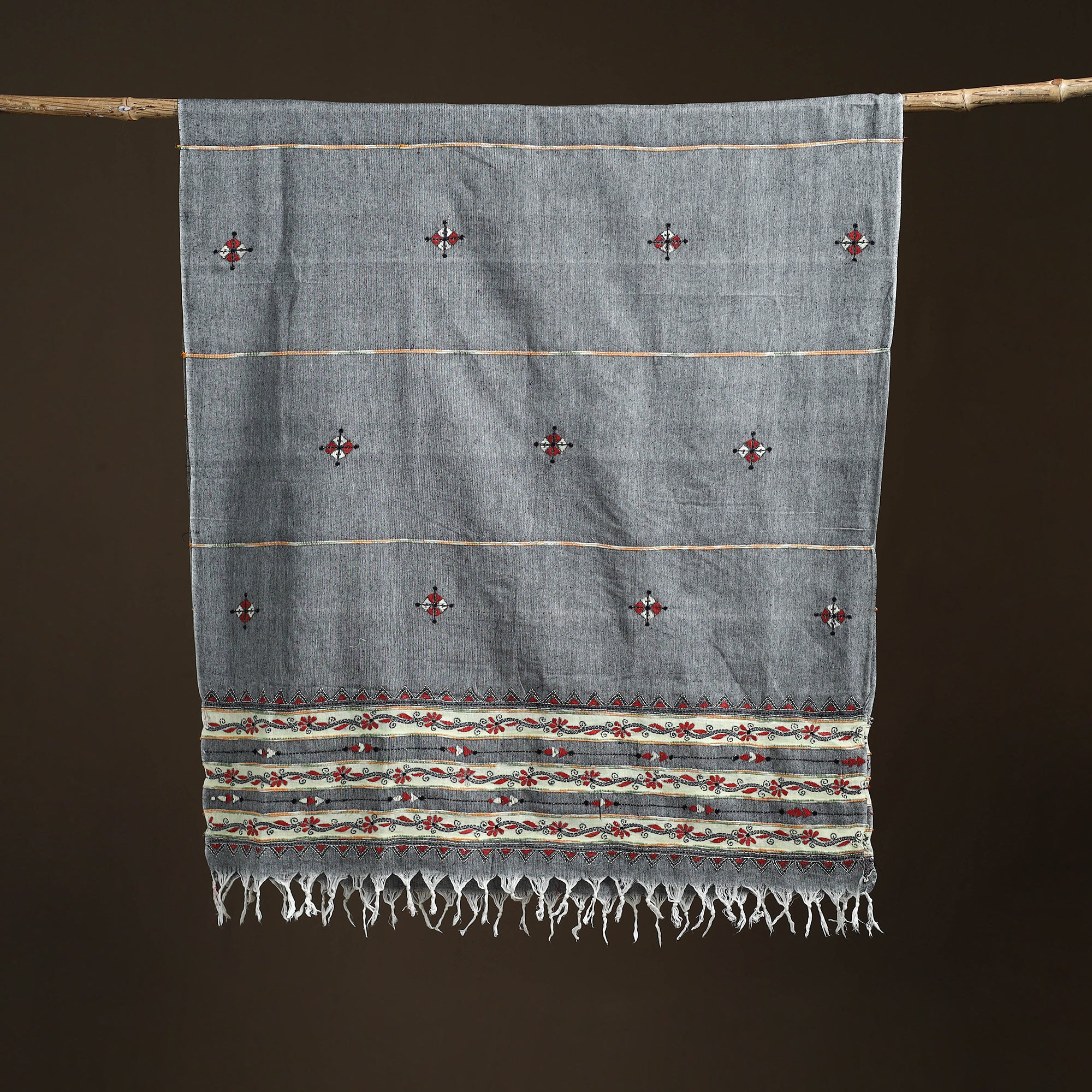 Grey - Kantha Hand Embroidered Khes Handwoven Cotton Dupatta 34 - Image 5