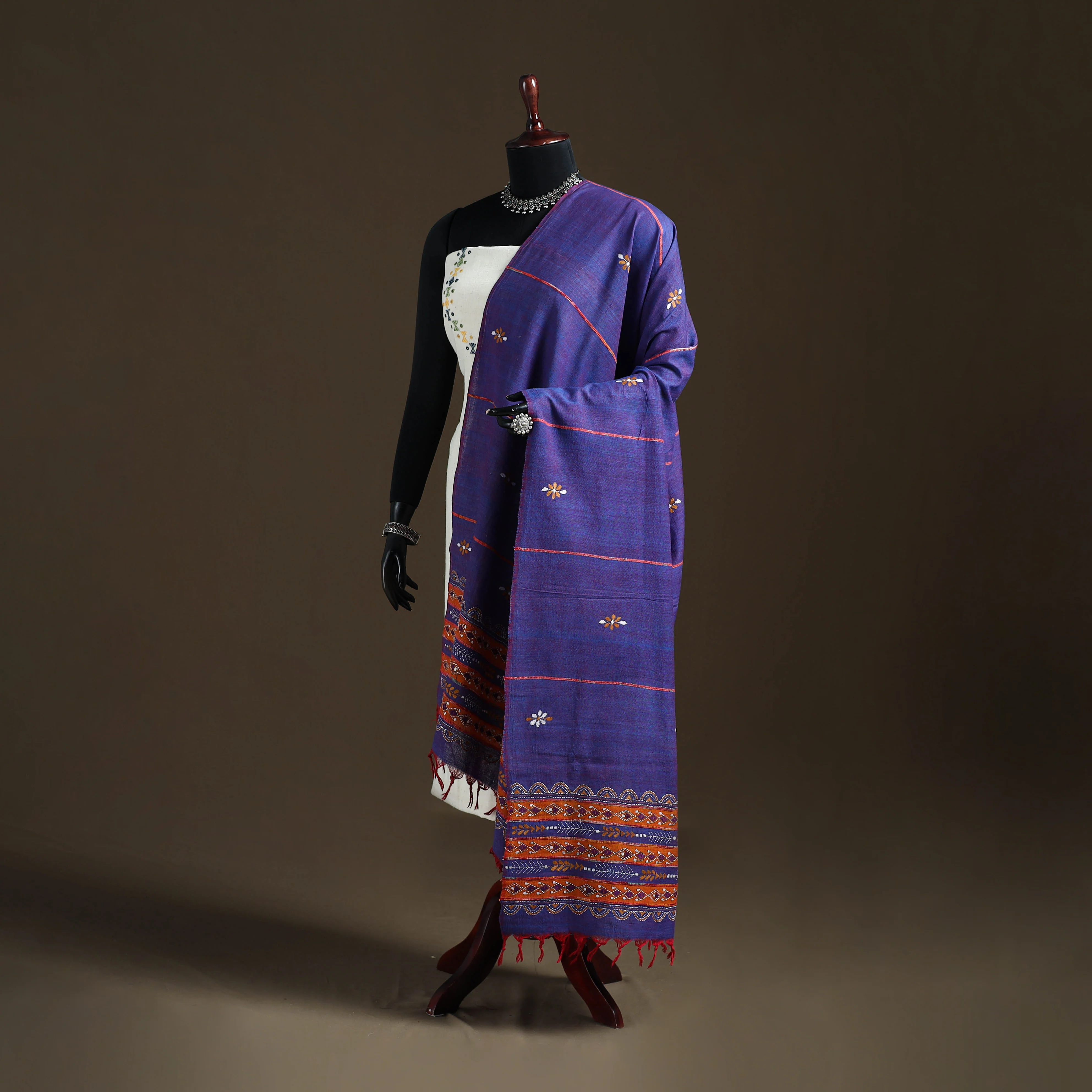 Purple - Kantha Hand Embroidered Khes Handwoven Cotton Dupatta 35