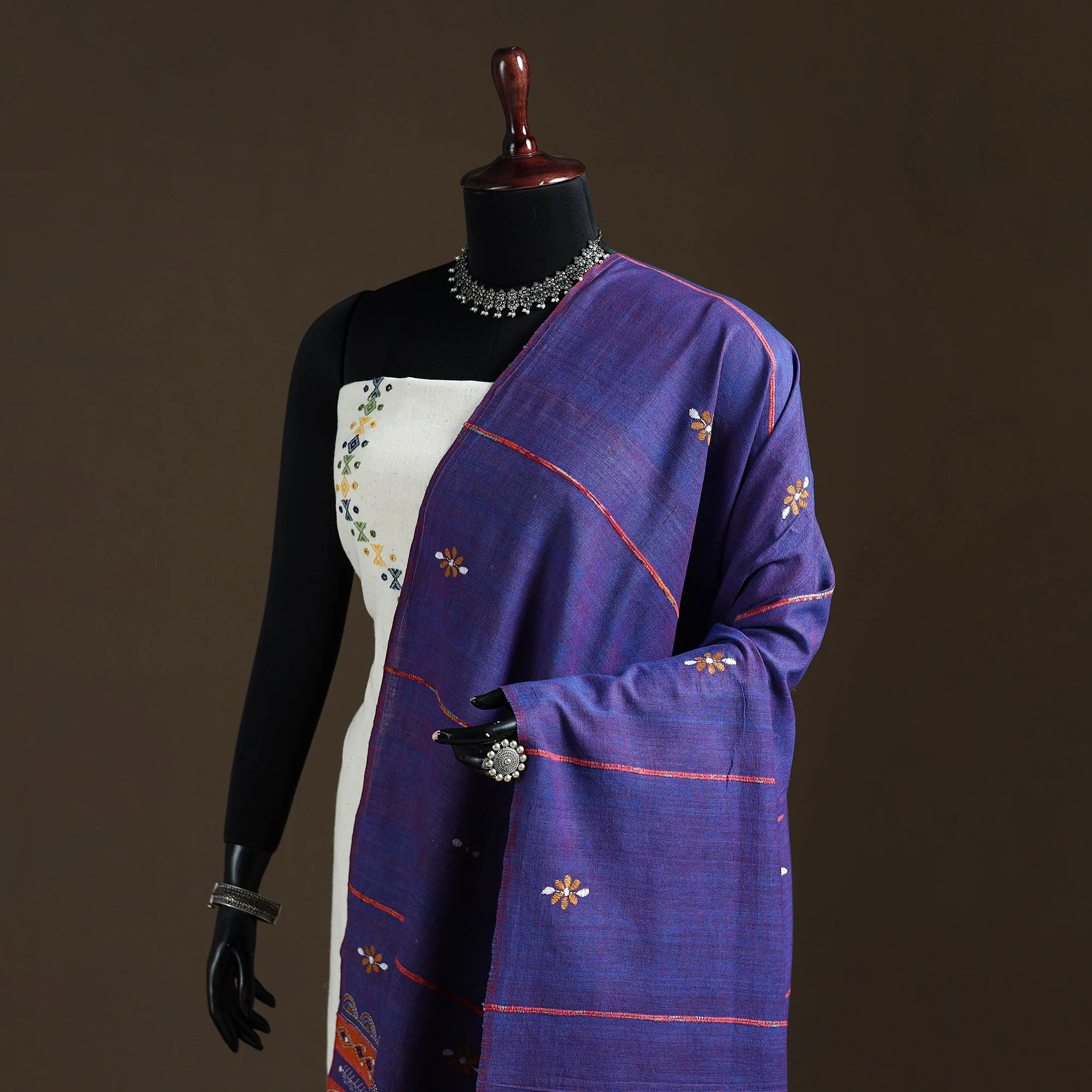Purple - Kantha Hand Embroidered Khes Handwoven Cotton Dupatta 35 - Image 2