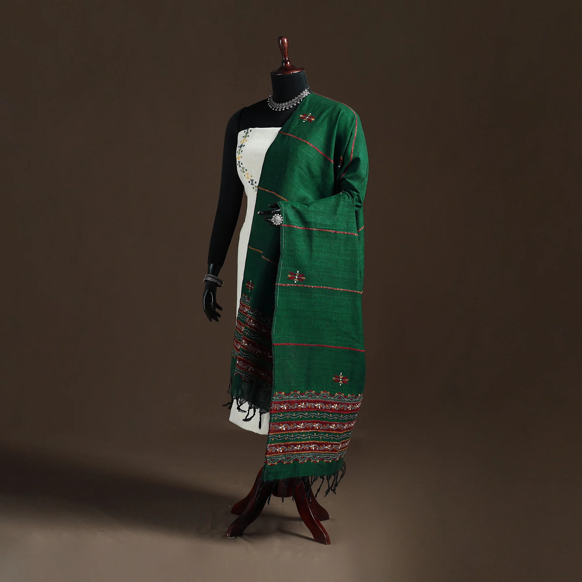 Green - Kantha Hand Embroidered Khes Handwoven Cotton Dupatta 36