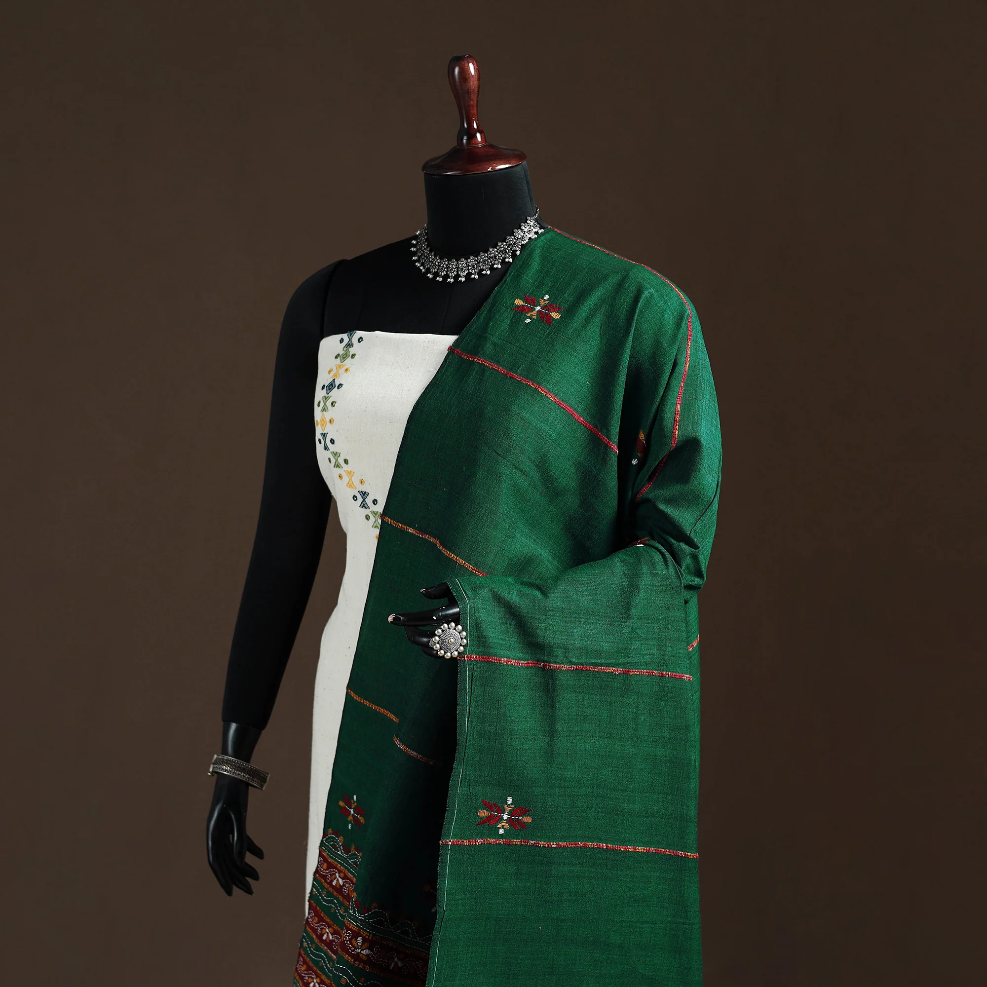 Green - Kantha Hand Embroidered Khes Handwoven Cotton Dupatta 36 - Image 2